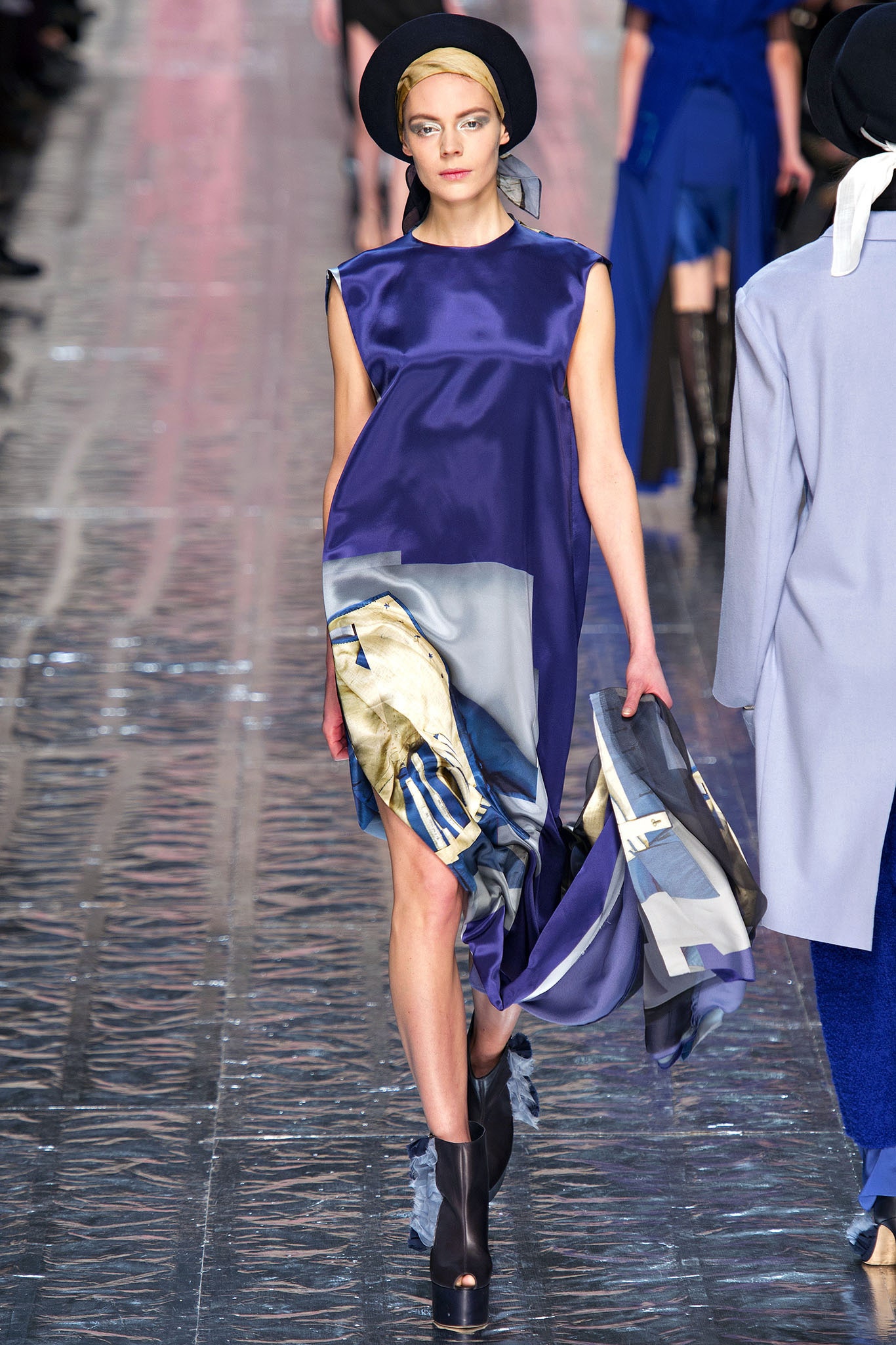 blue printed silk dress and scarf
