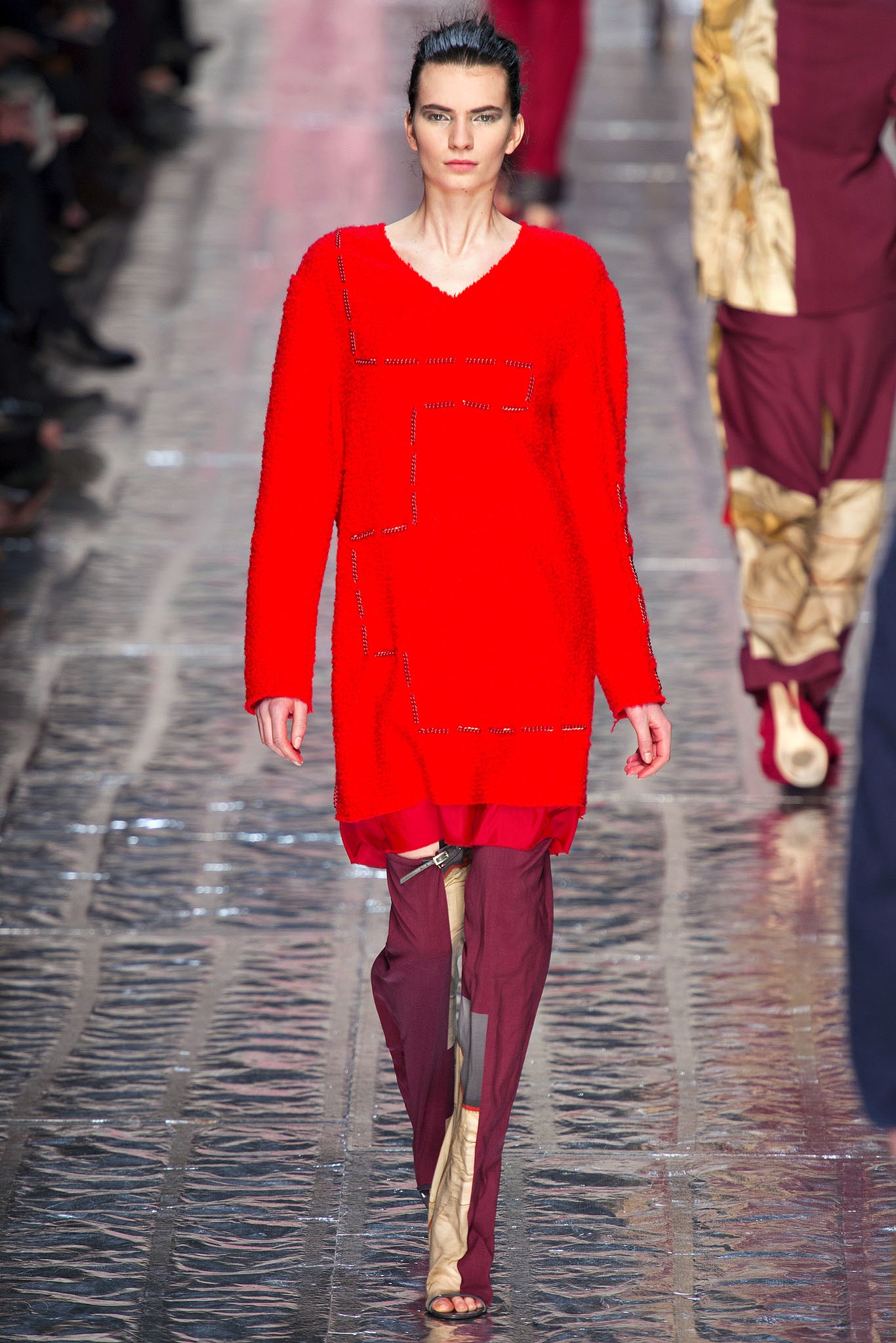 red relaxed dress with brown pants