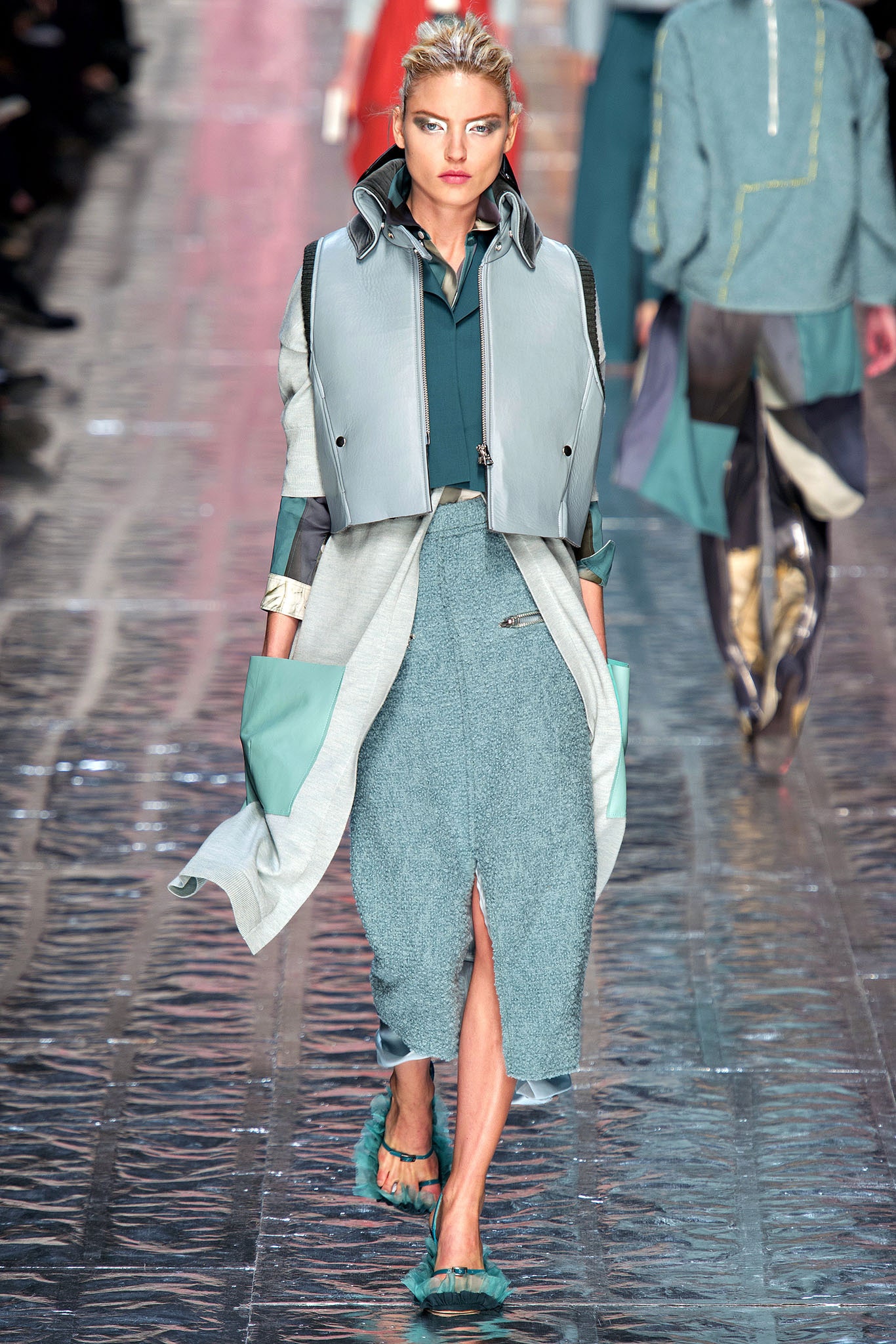 gray teal structured coat and fitted skirt