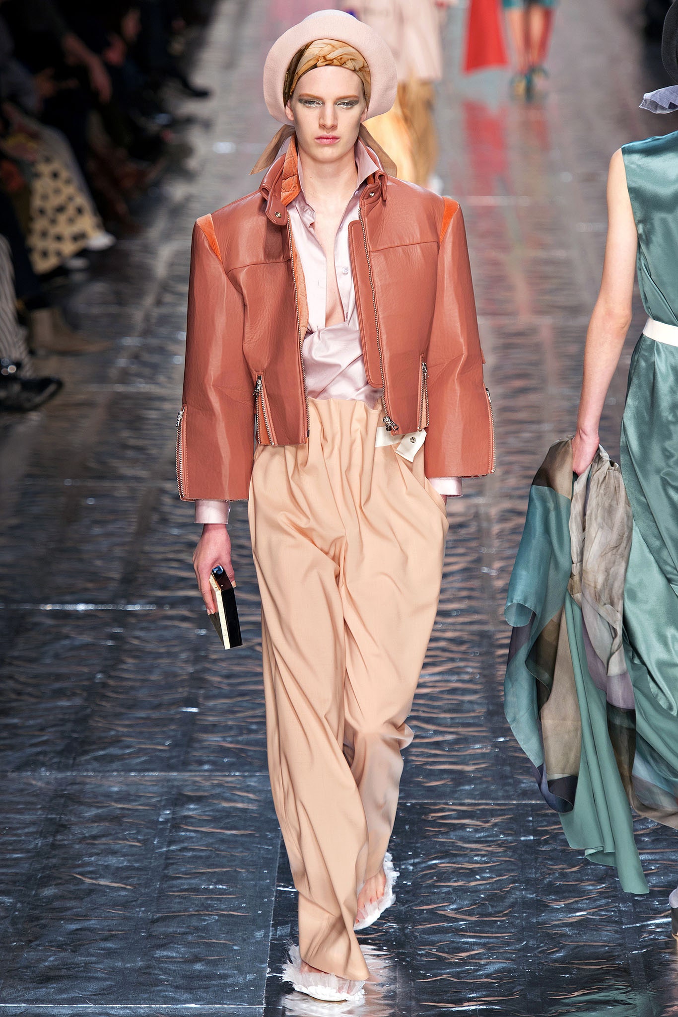 orange leather fitted jacket with pink silk shirt