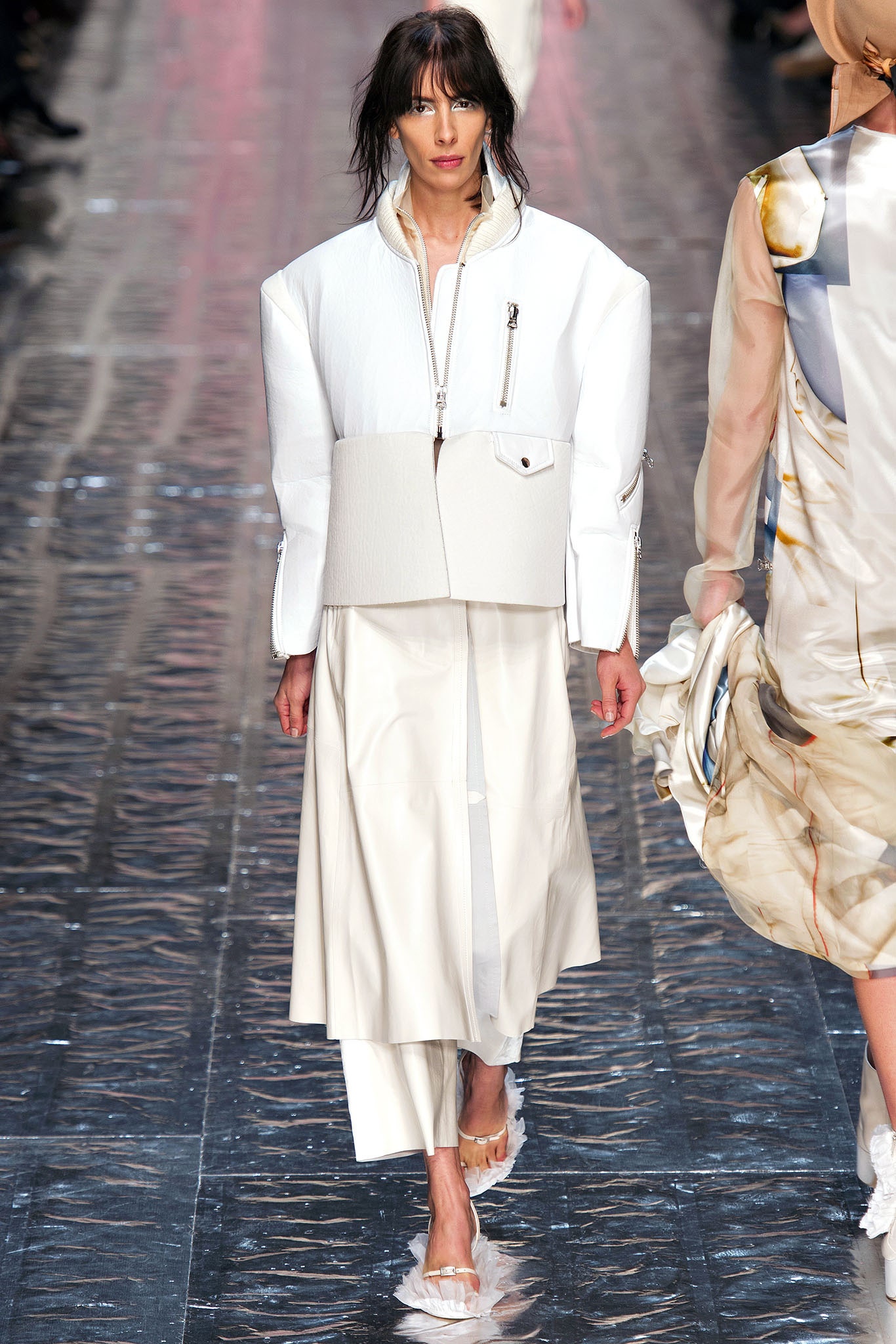 white structured jacket and midi skirt