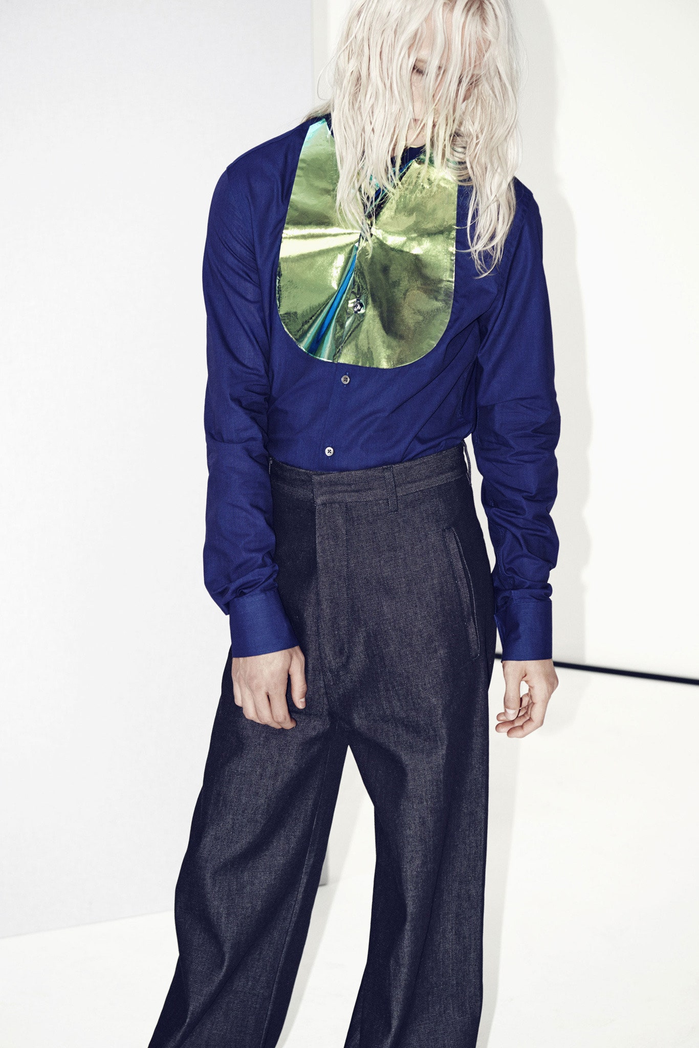 blue cotton shirt and gray pants