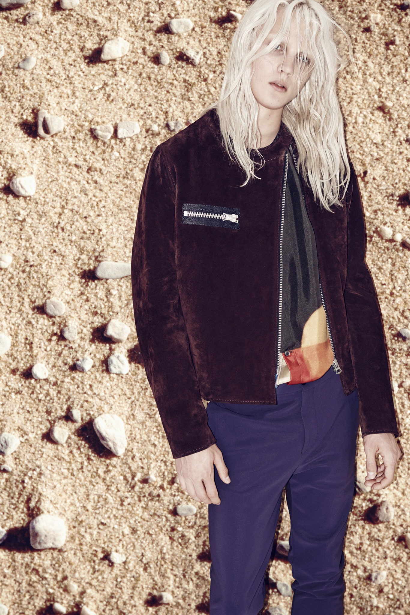brown suede fitted jacket with printed top