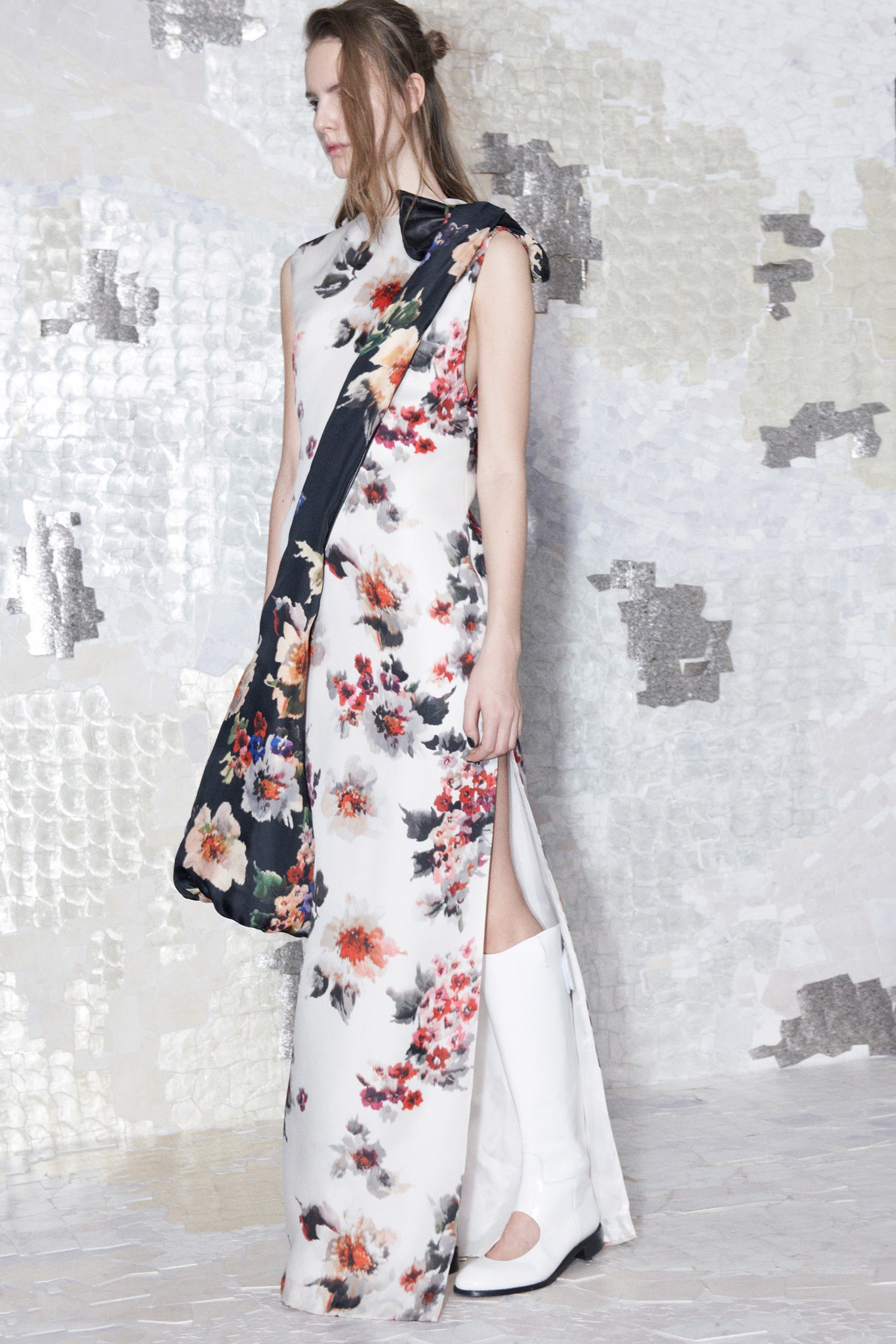 floral maxi dress with black bag