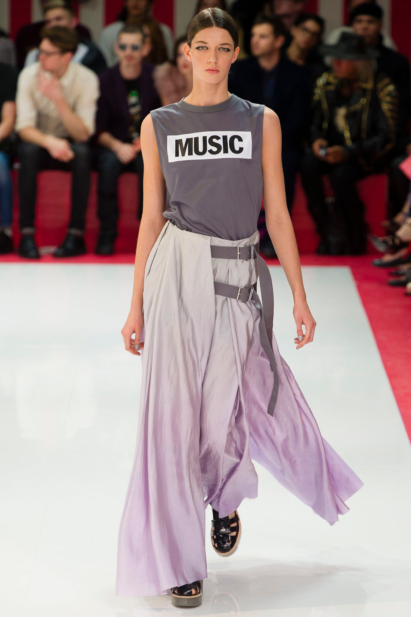 gray cotton sleeveless top with purple layered skirt