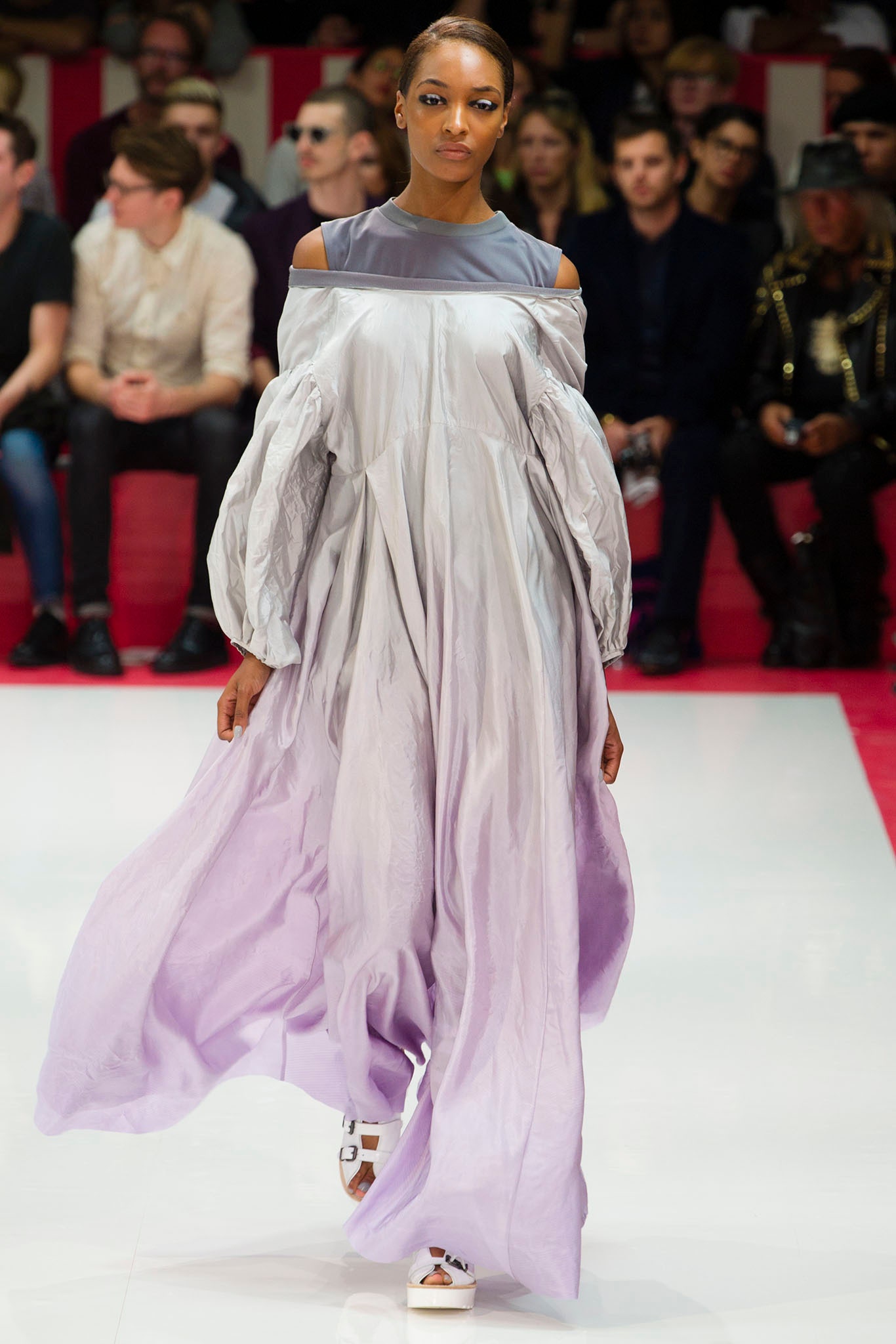 purple gray off-shoulder maxi dress