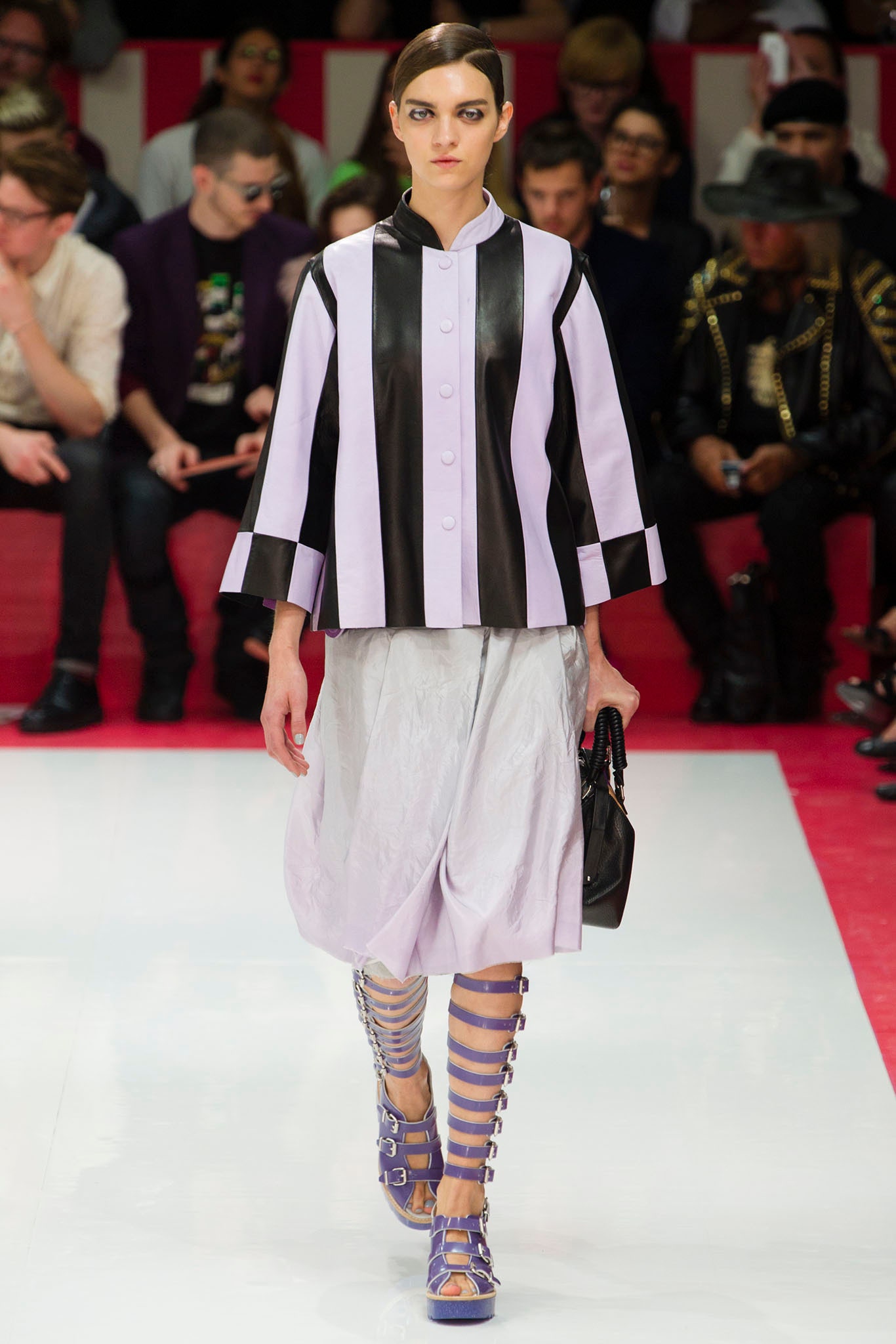 black and purple striped top with midi skirt
