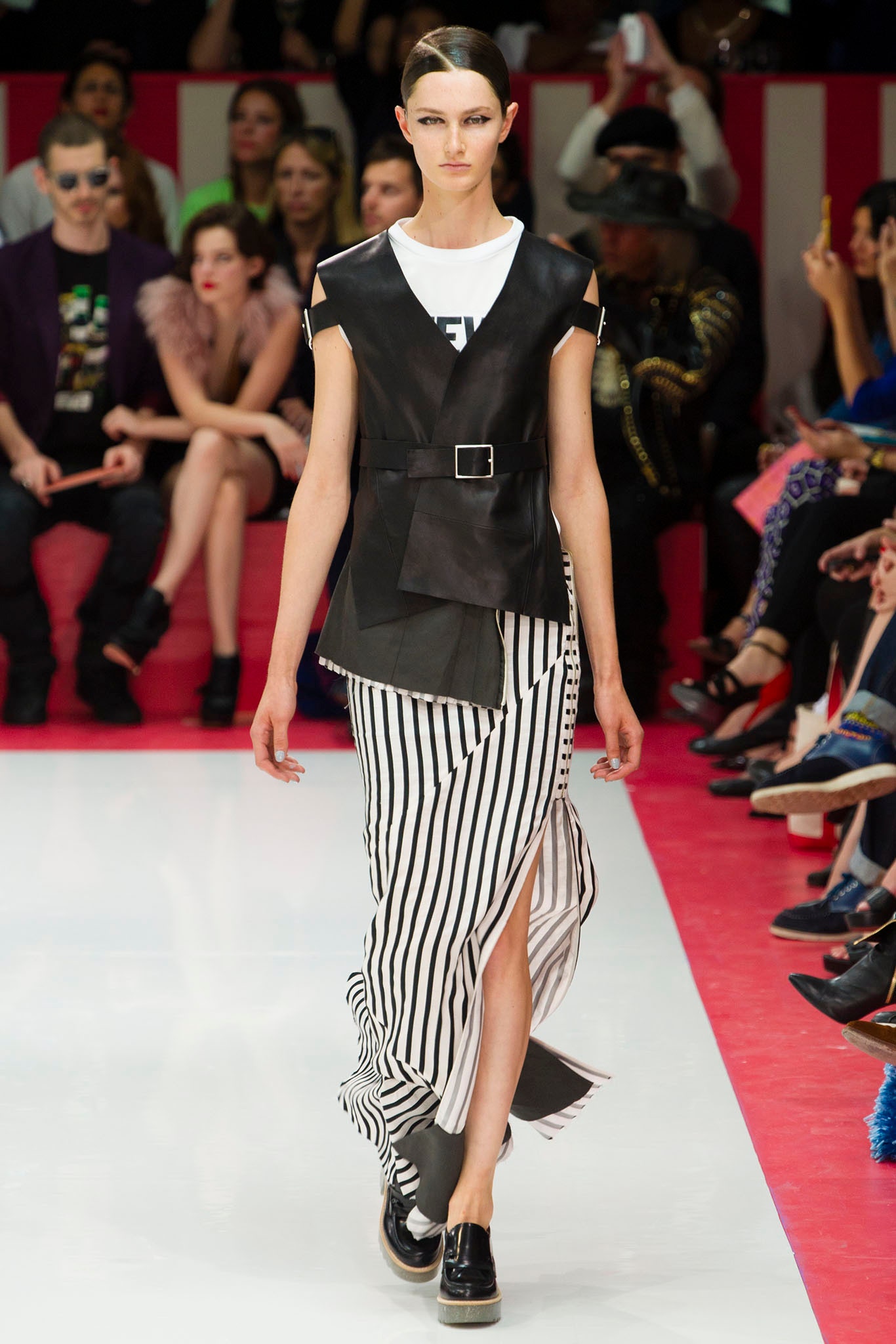 black leather sleeveless v-neck fitted belted top