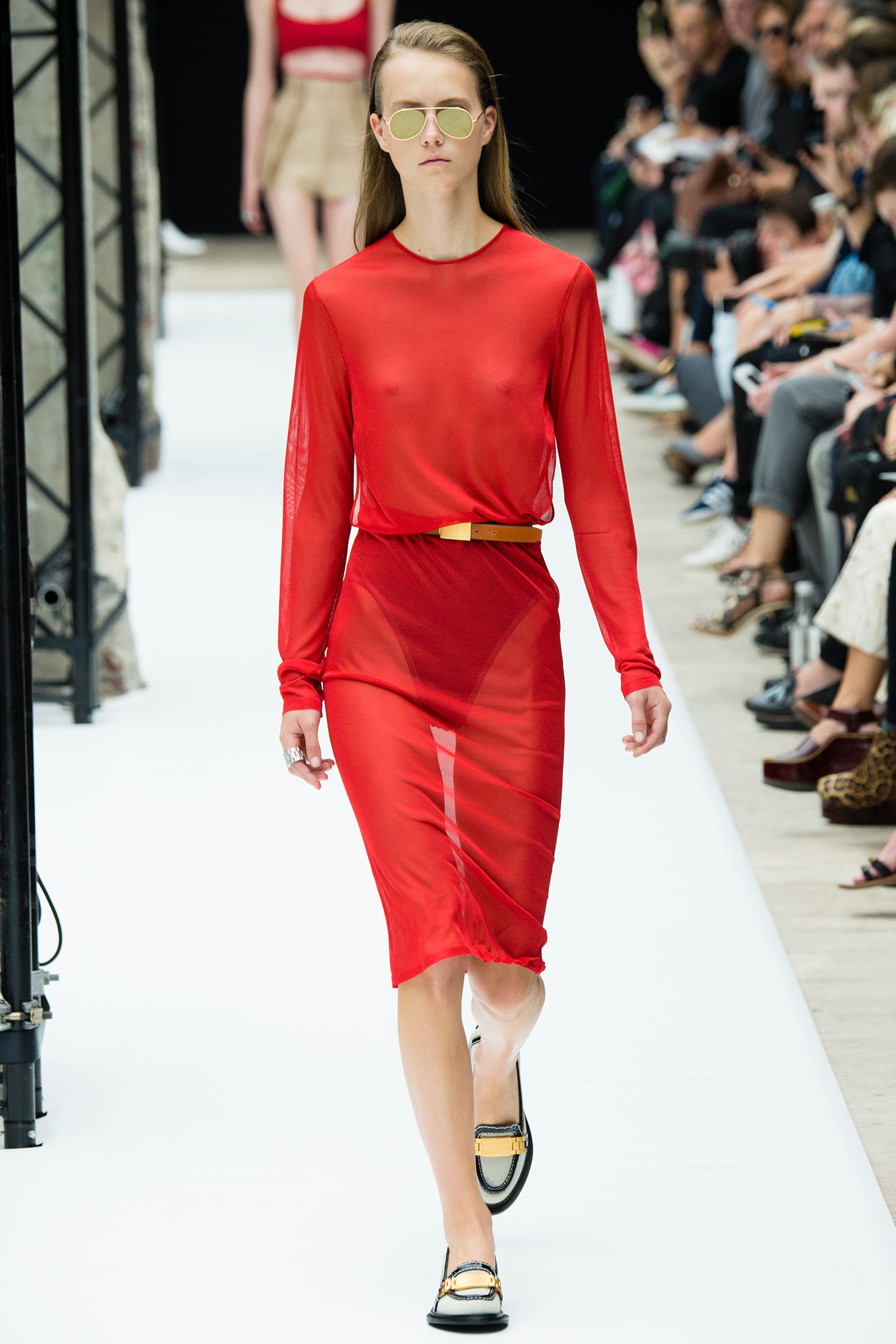red sheer long-sleeve dress