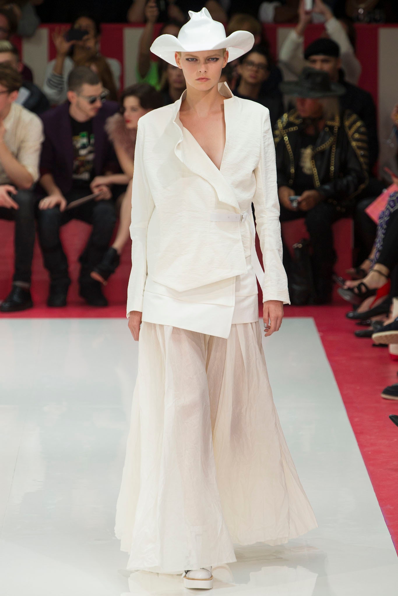 white draped maxi dress with hat