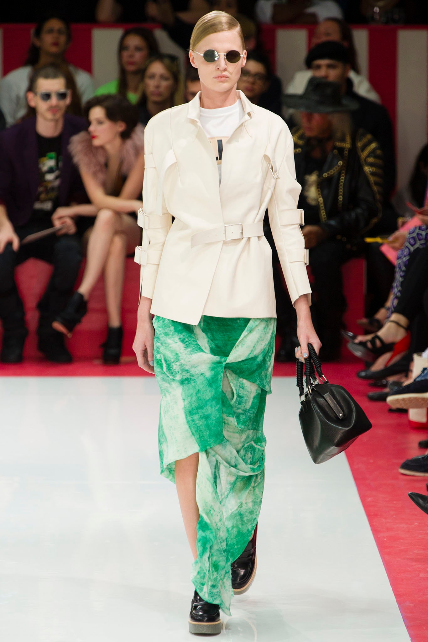white structured blazer with green skirt