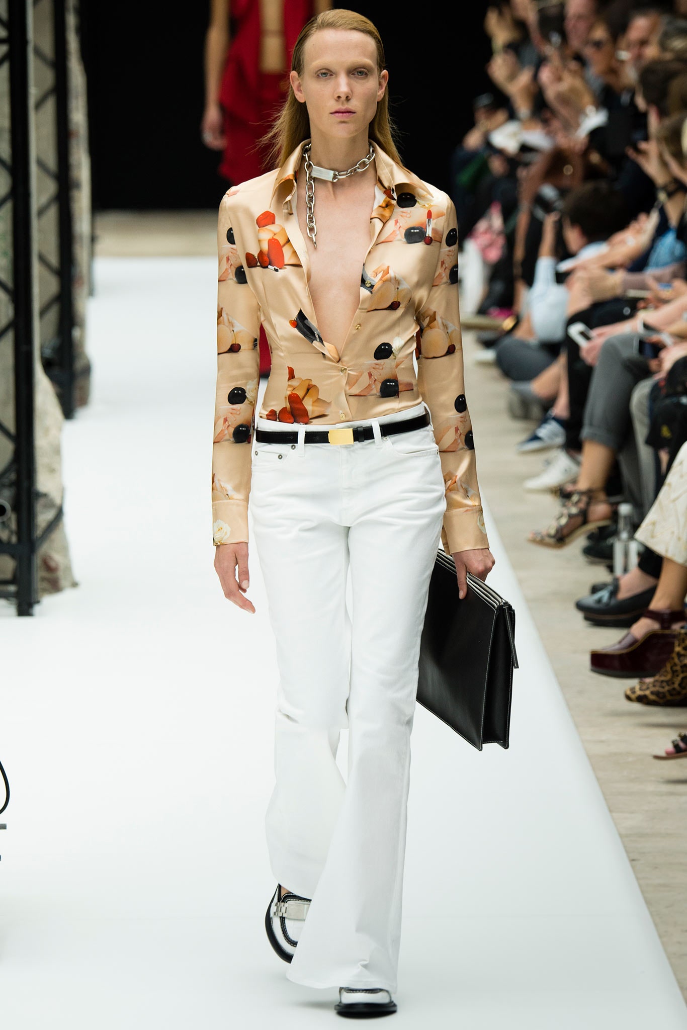 beige printed silk shirt with flared pants