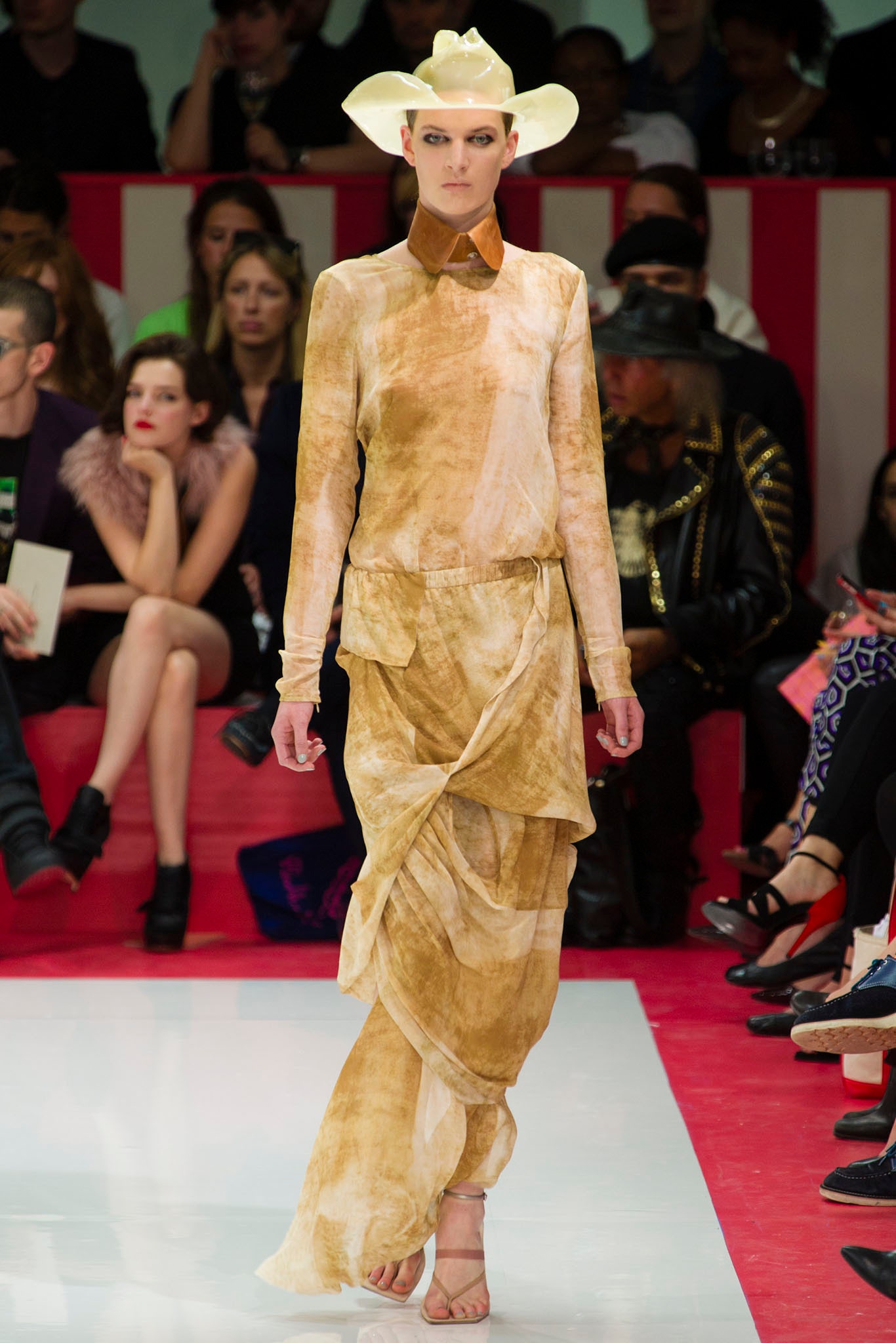 beige silk draped midi dress