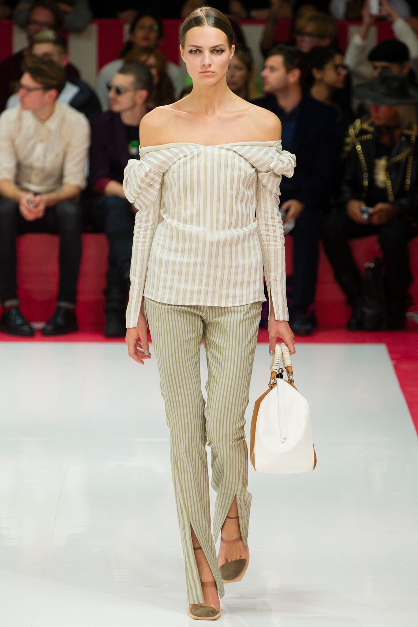 striped off-shoulder top with fitted pants