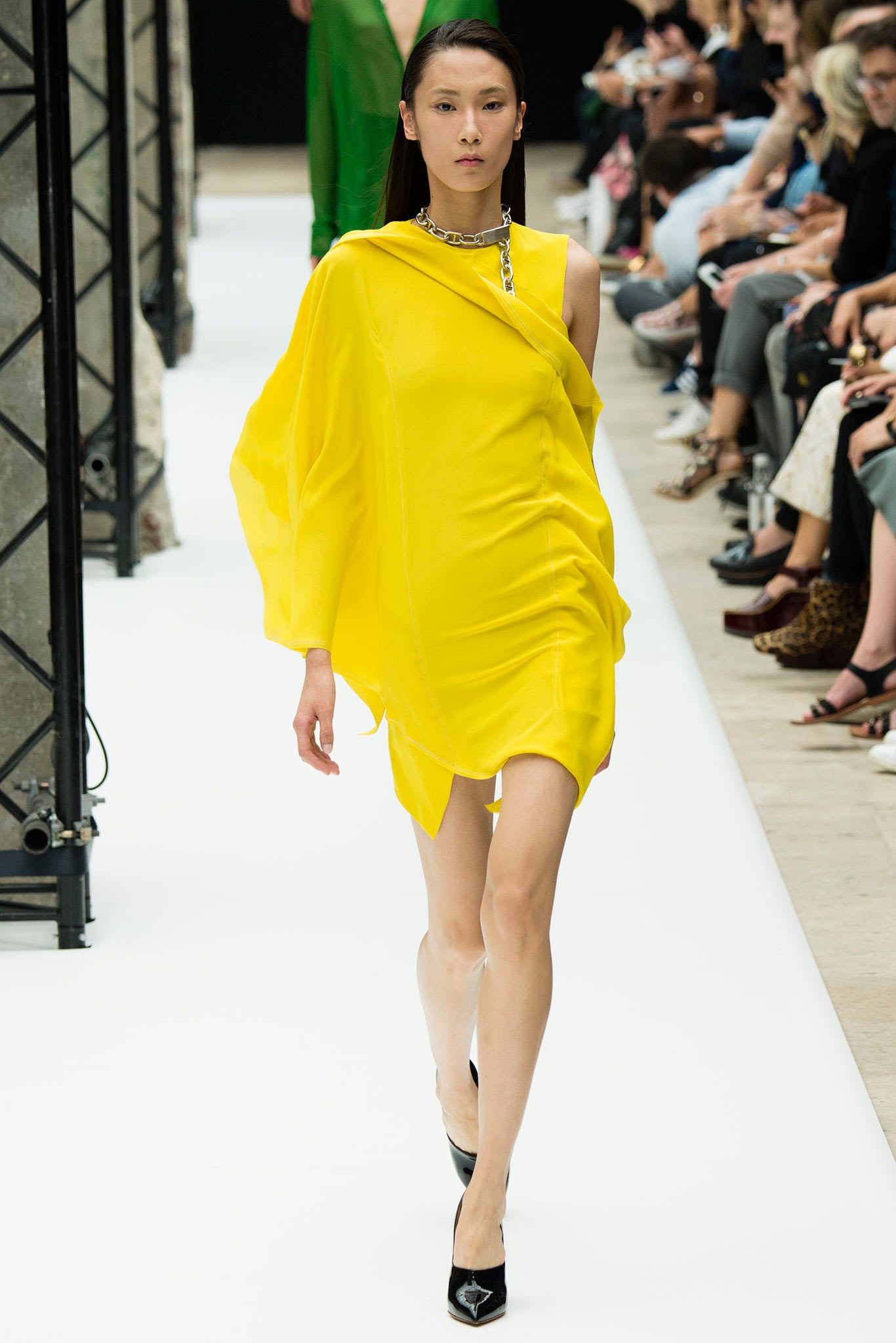 yellow silk sleeveless asymmetric relaxed draped flowing dress