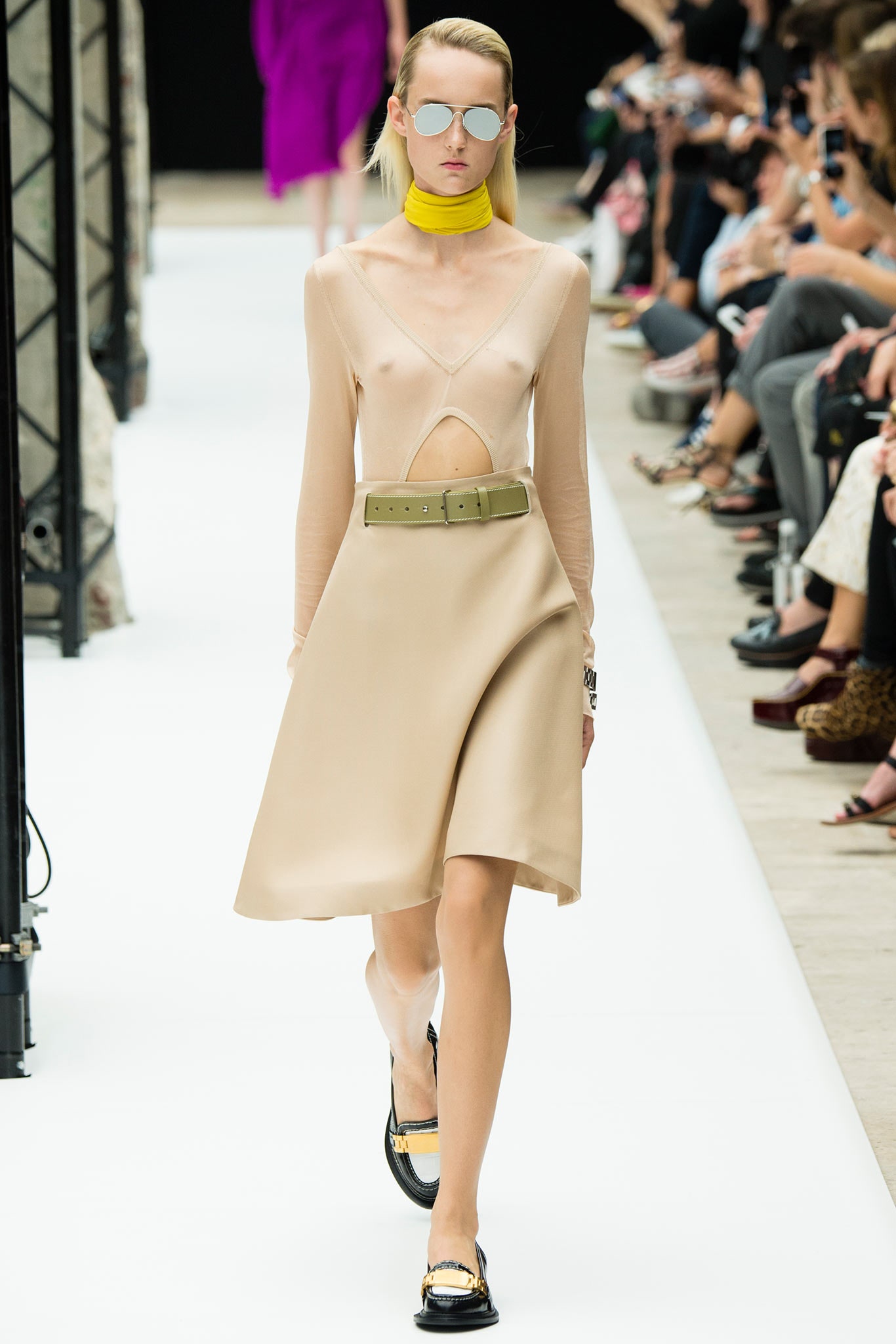 beige silk cutout dress