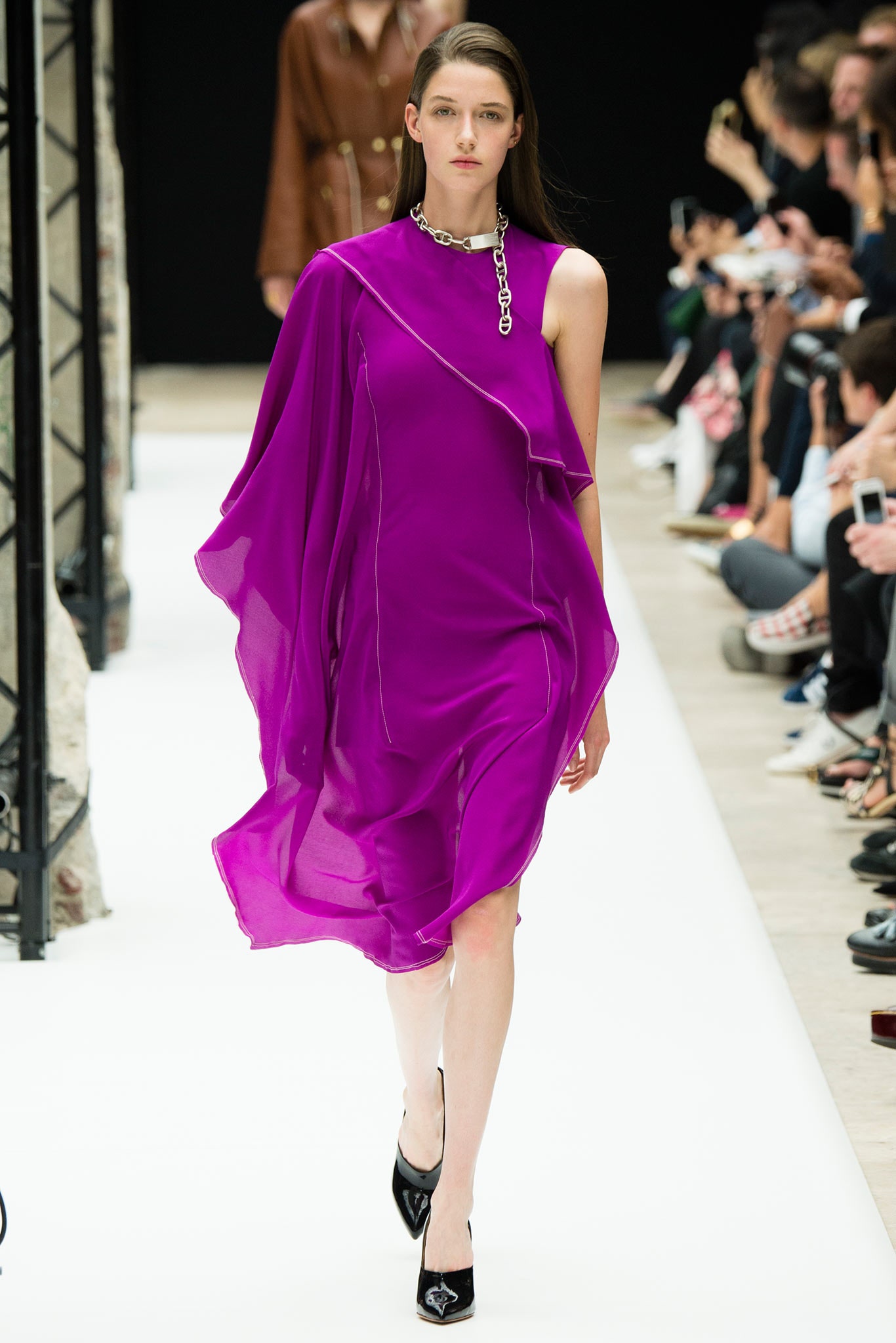 purple chiffon draped dress