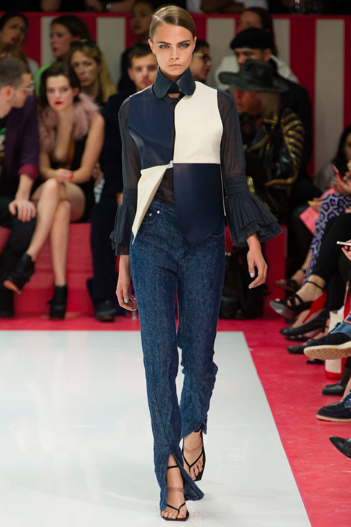 color-blocked fitted shirt and denim pants