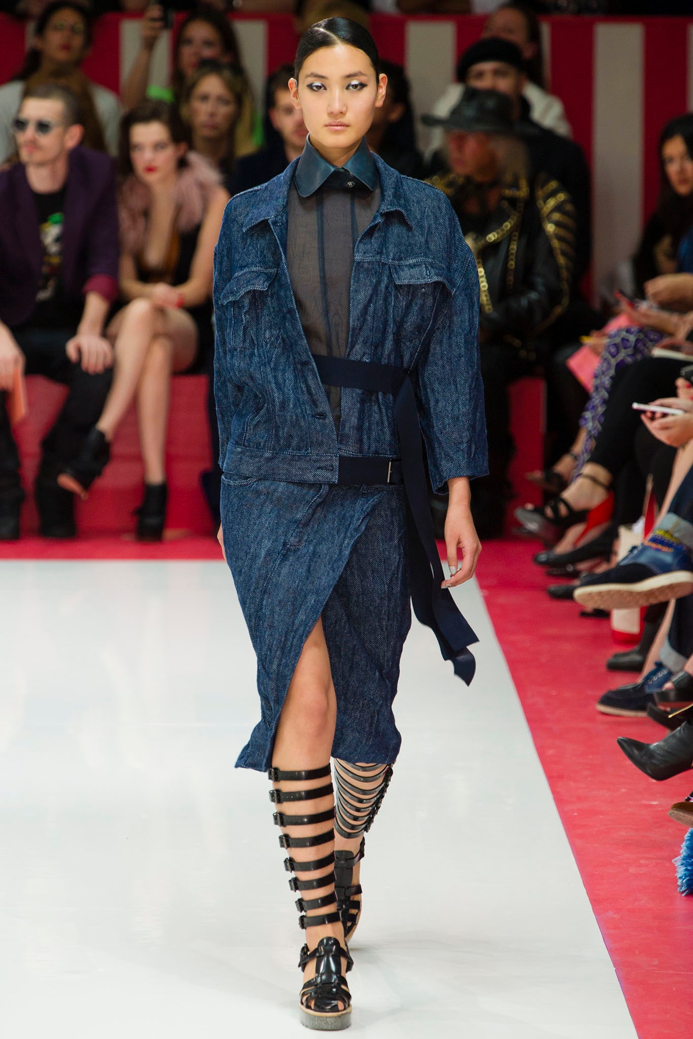 blue denim midi dress with strappy shoes