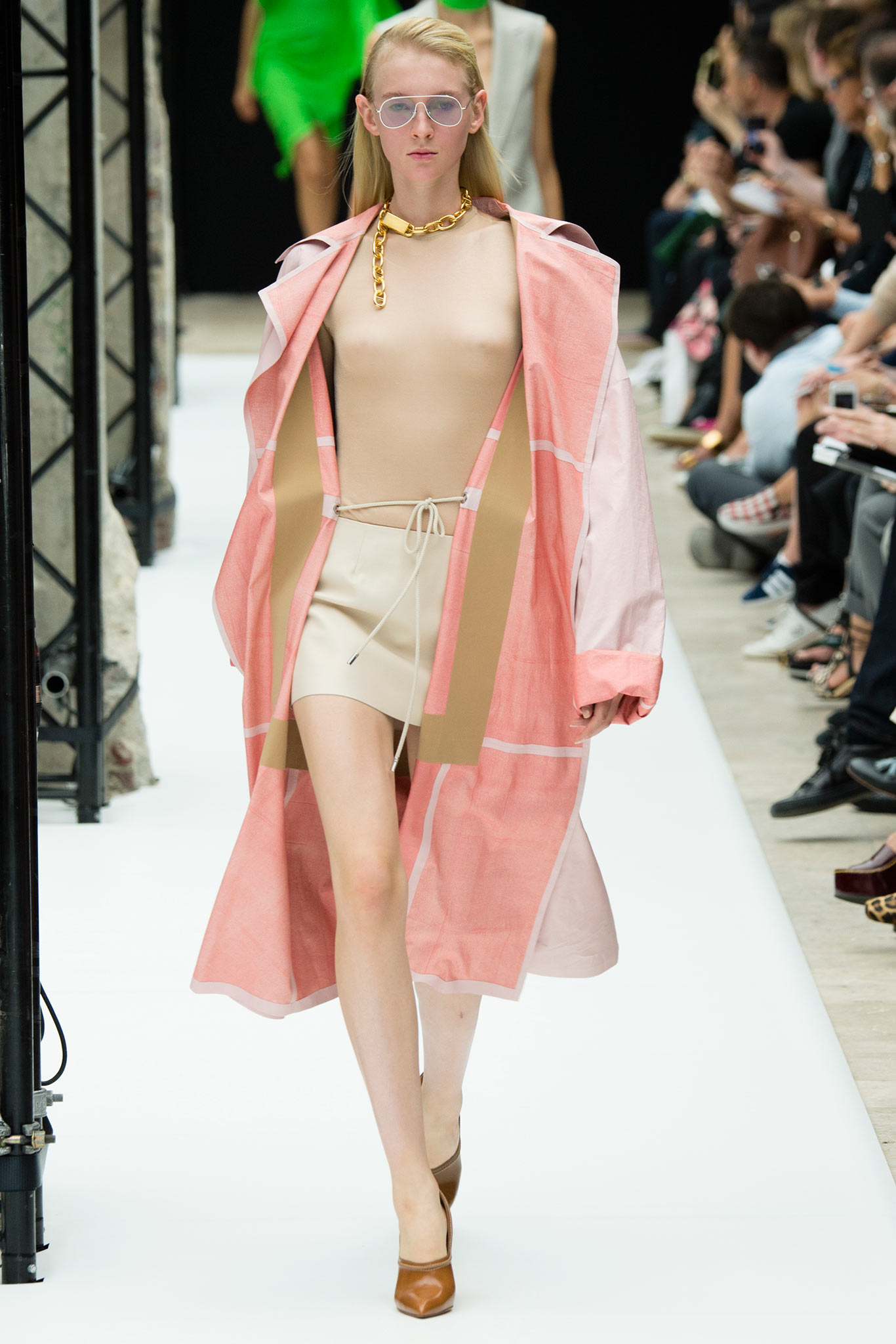 pink relaxed coat with beige top