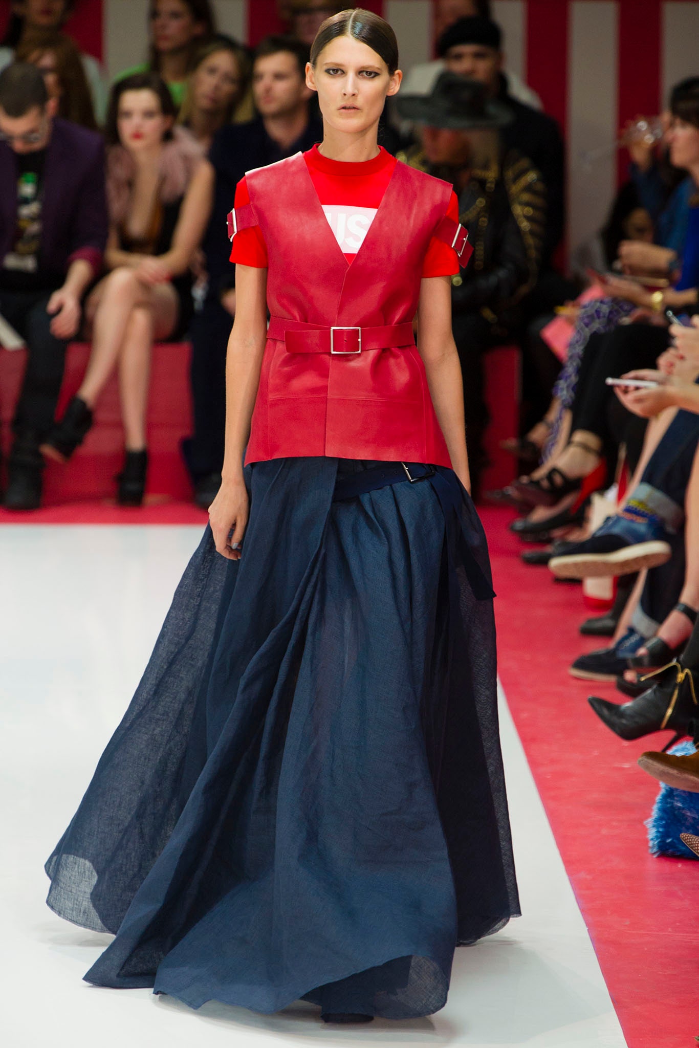 red fitted top with blue tiered skirt