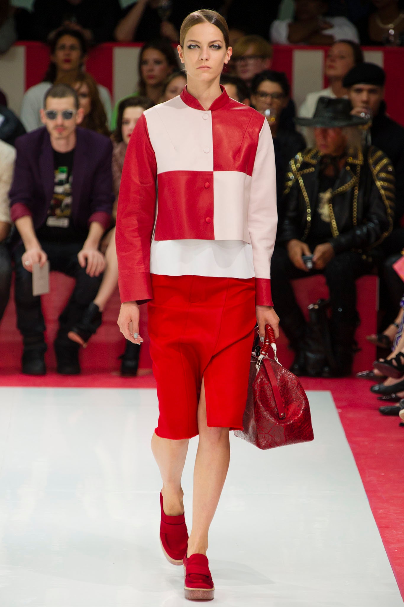 red and white leather blazer with pencil skirt