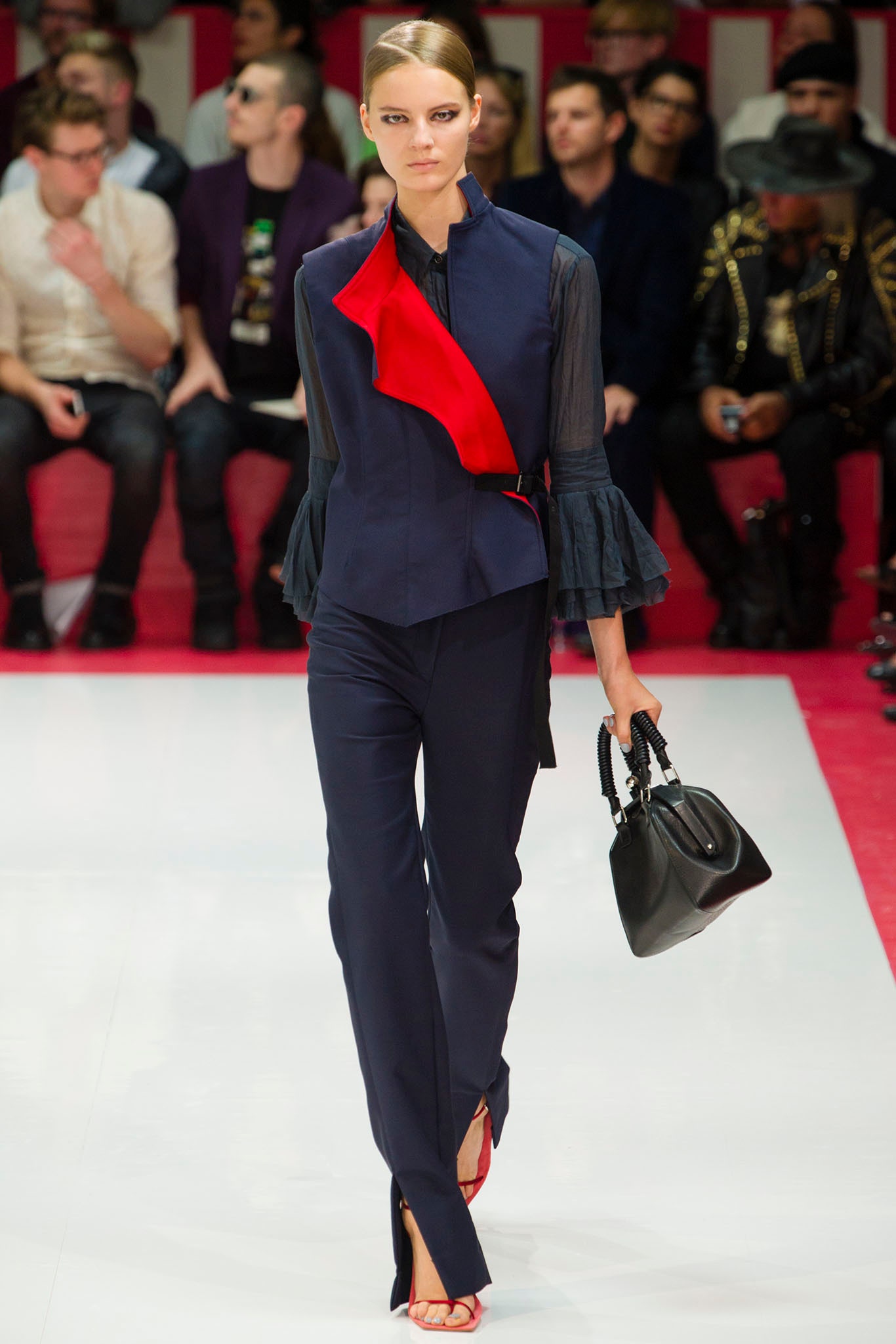 blue asymmetric blouse with tailored pants