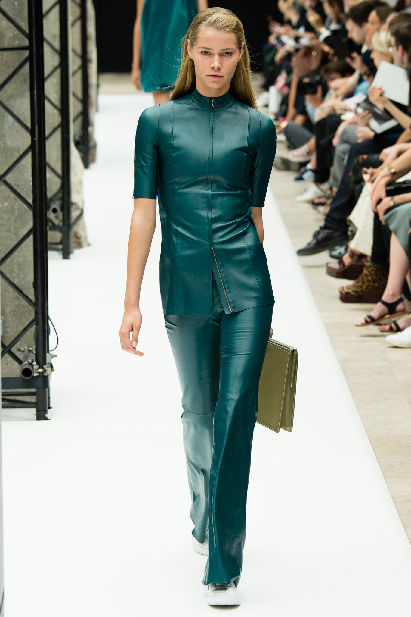 teal vinyl short-sleeve high-neck fitted zippered shiny top