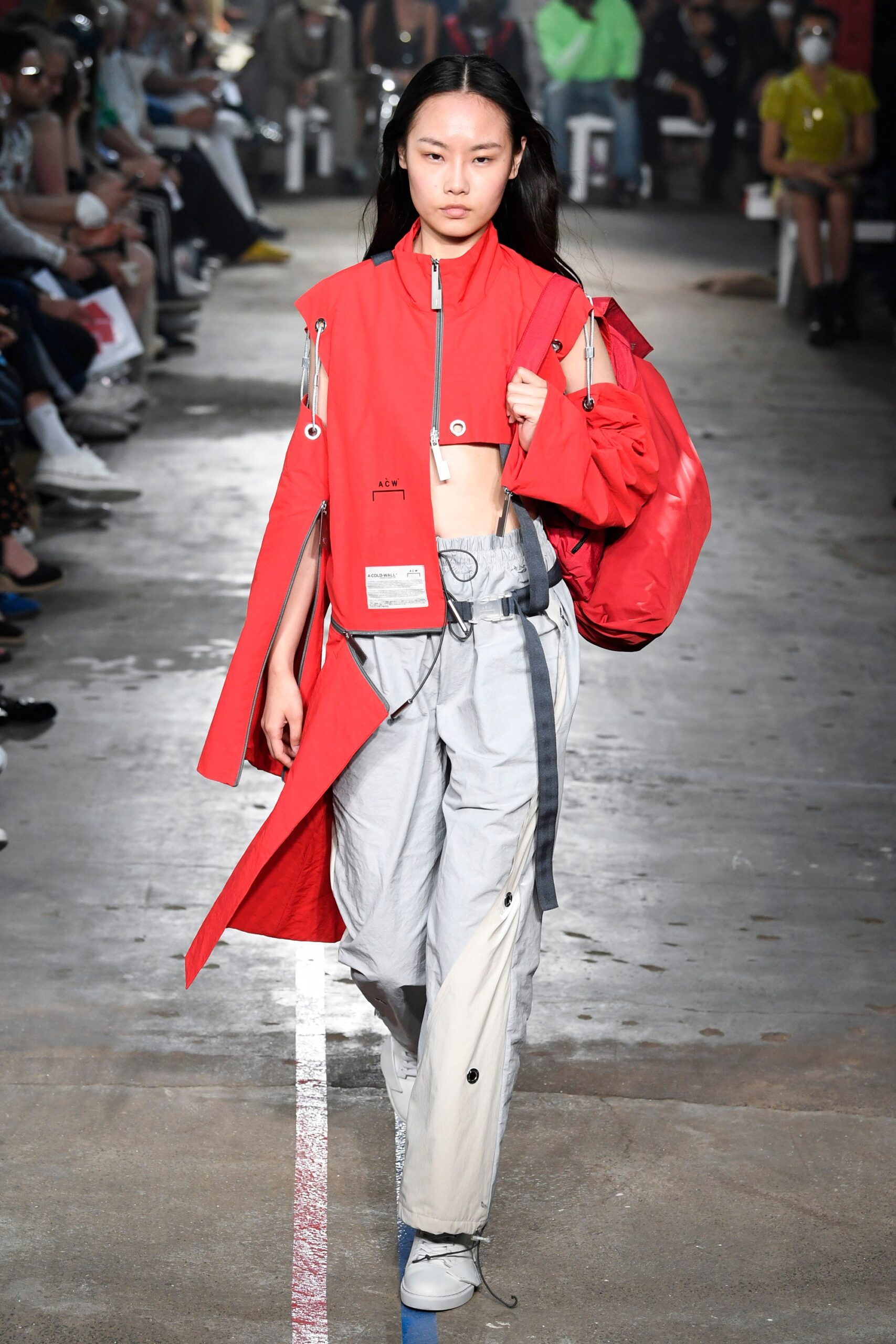 red jacket and gray pants outfit