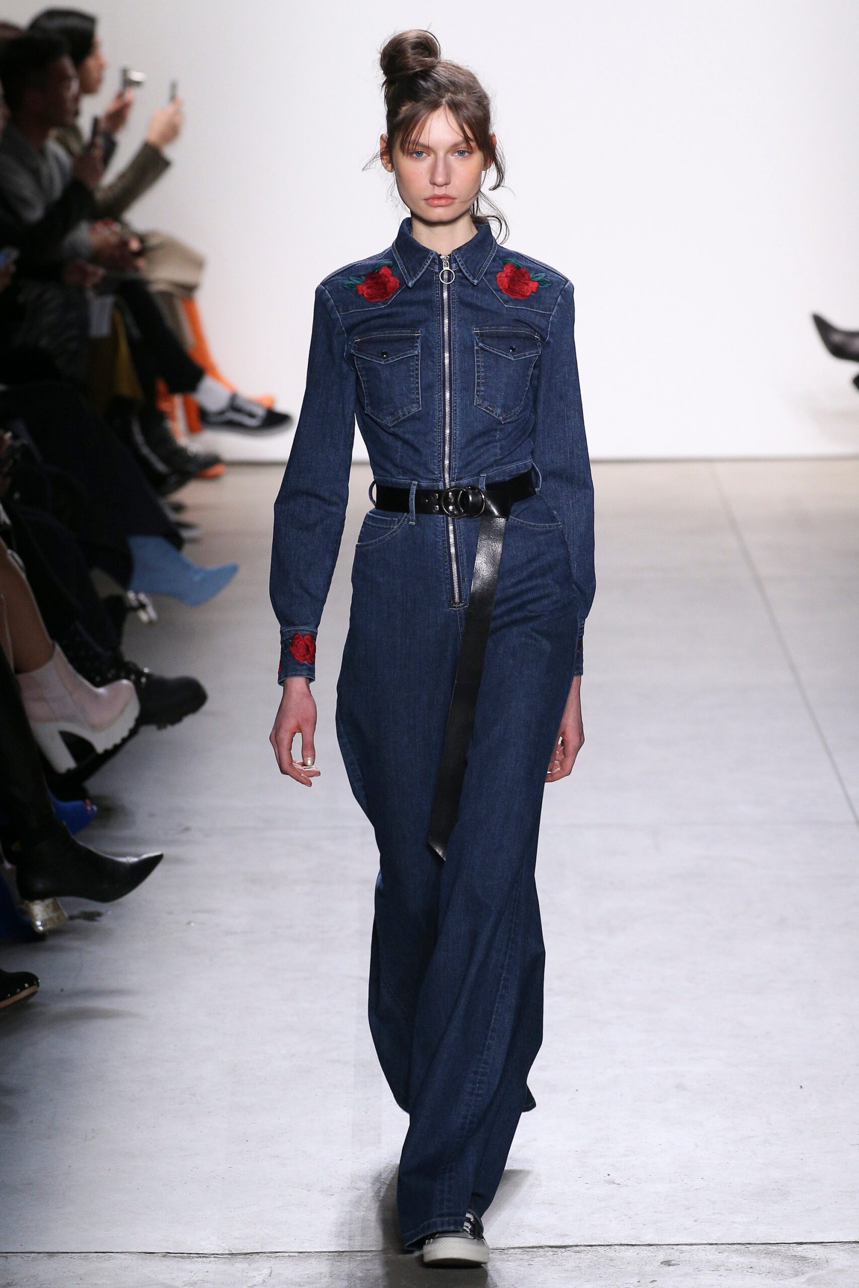 blue denim fitted jumpsuit