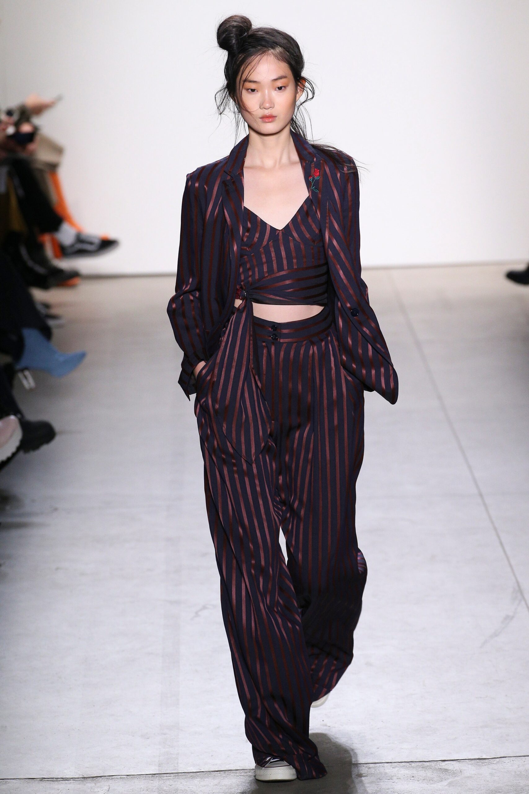 purple and red striped blazer and pants