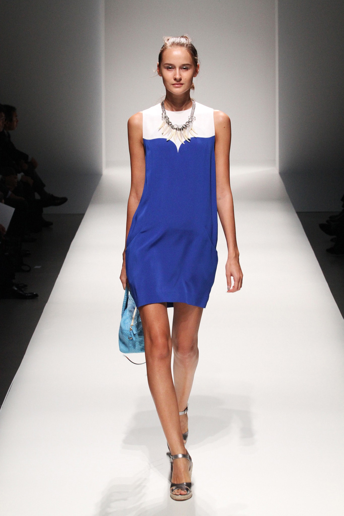 blue silk sleeveless collared relaxed straight-leg mini dress
