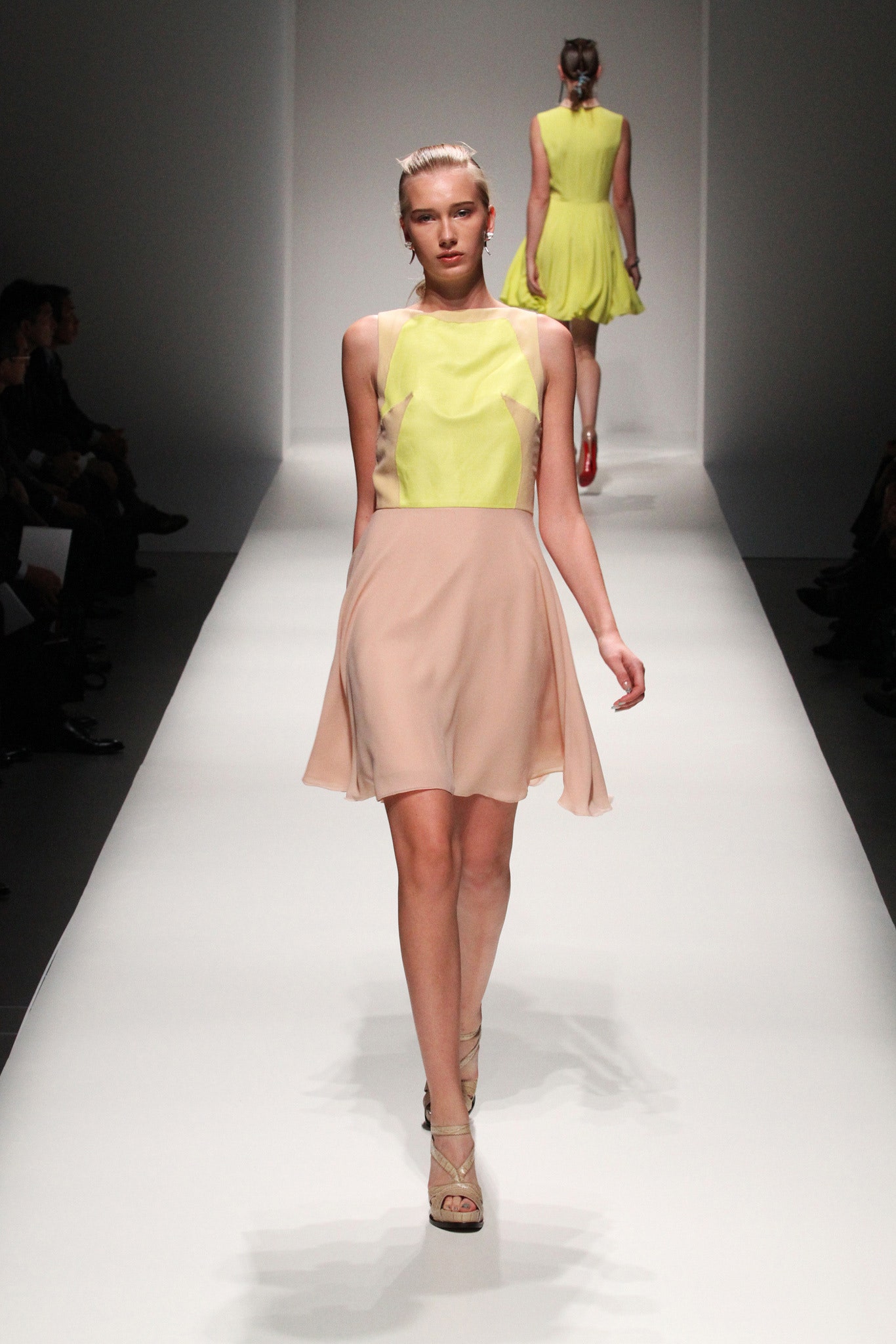 yellow silk sleeveless high-neck fitted layered a-line dress