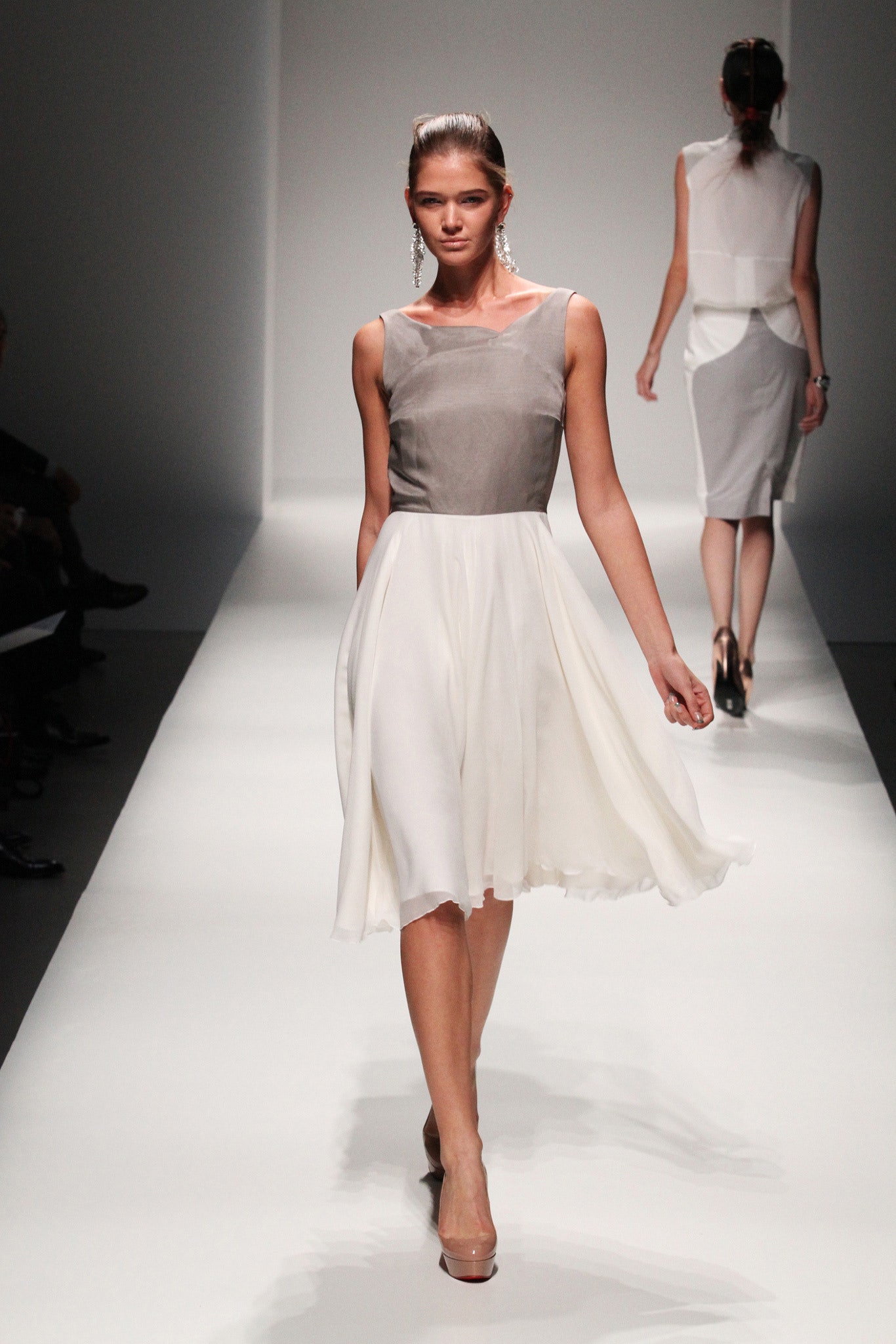 gray and white silk midi dress