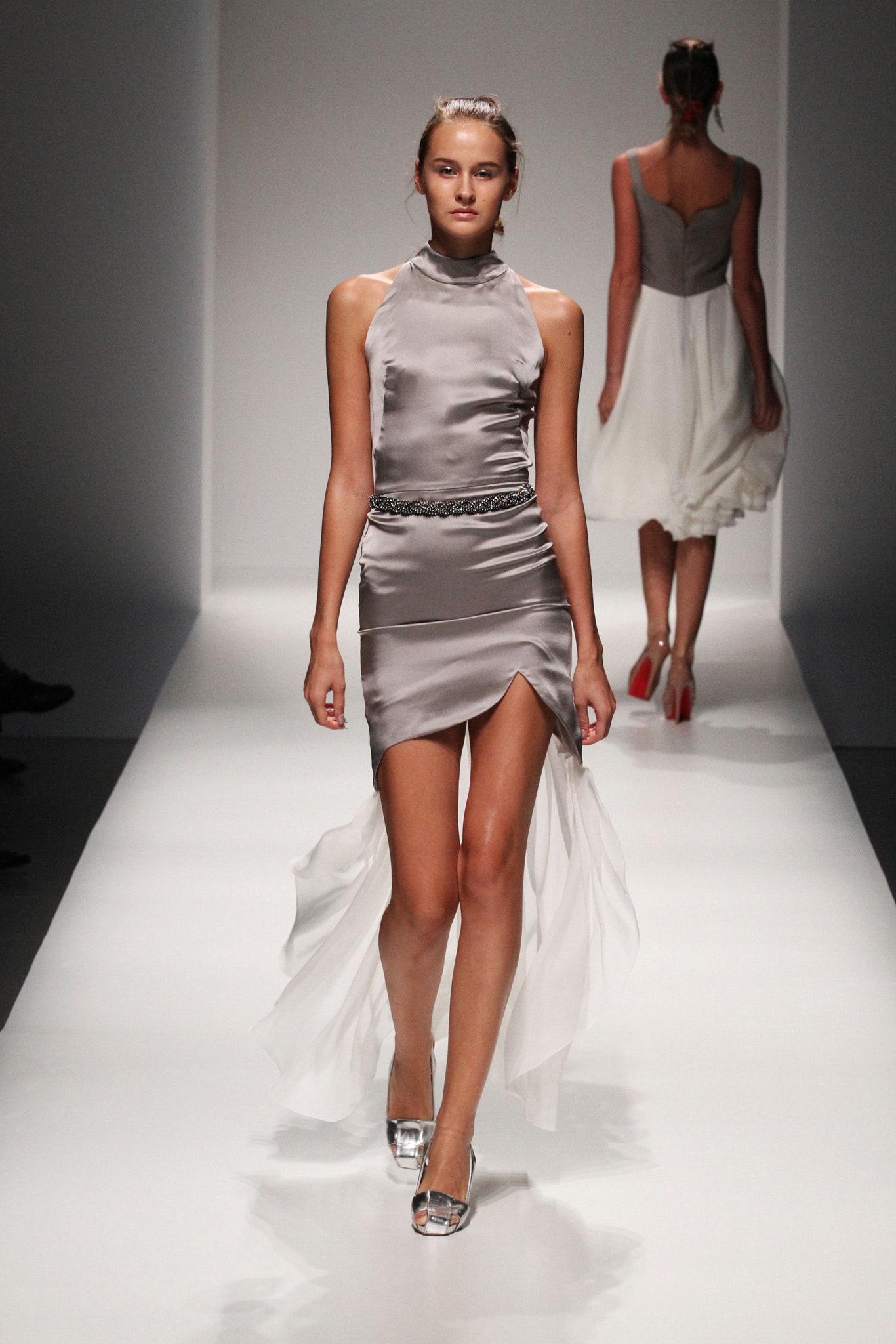fitted gray silk asymmetric dress