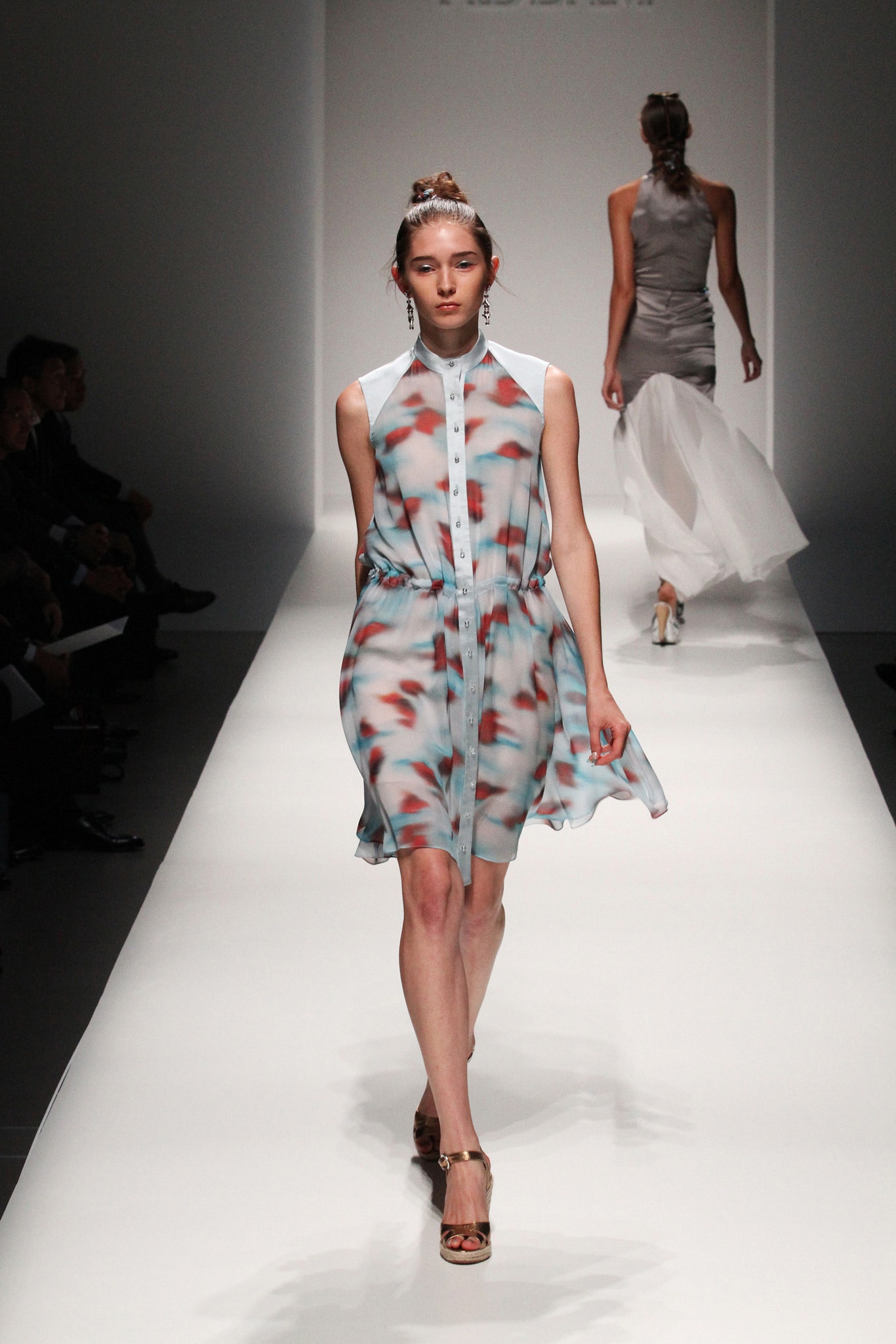 blue red white printed silk dress