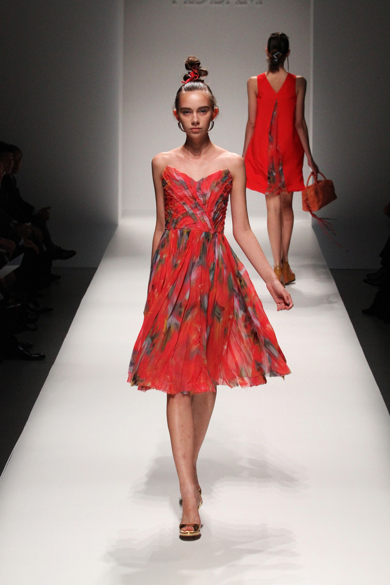 red silk pleated midi dress