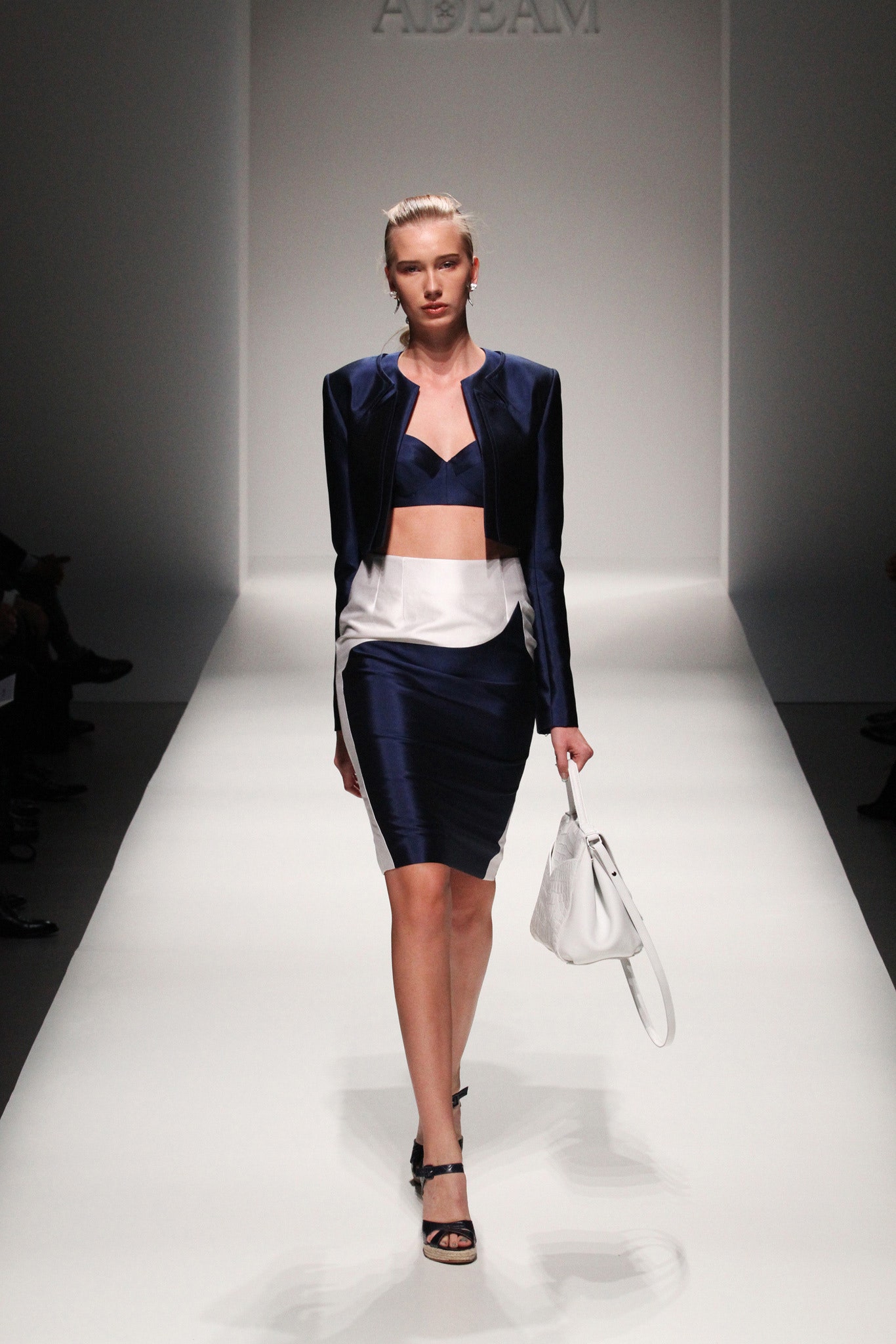 blue silk long-sleeve collared fitted structured jacket