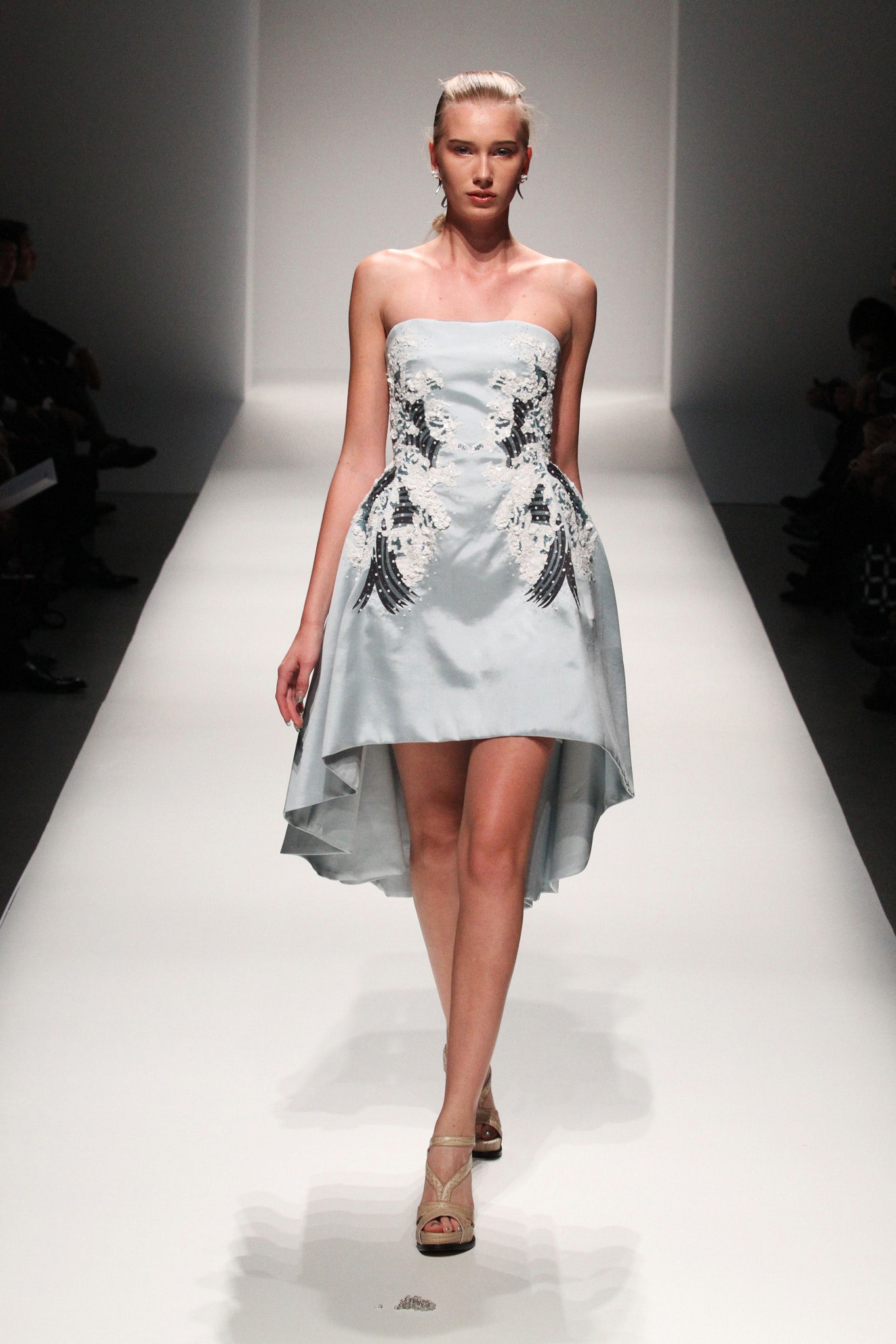 blue silk strapless dress