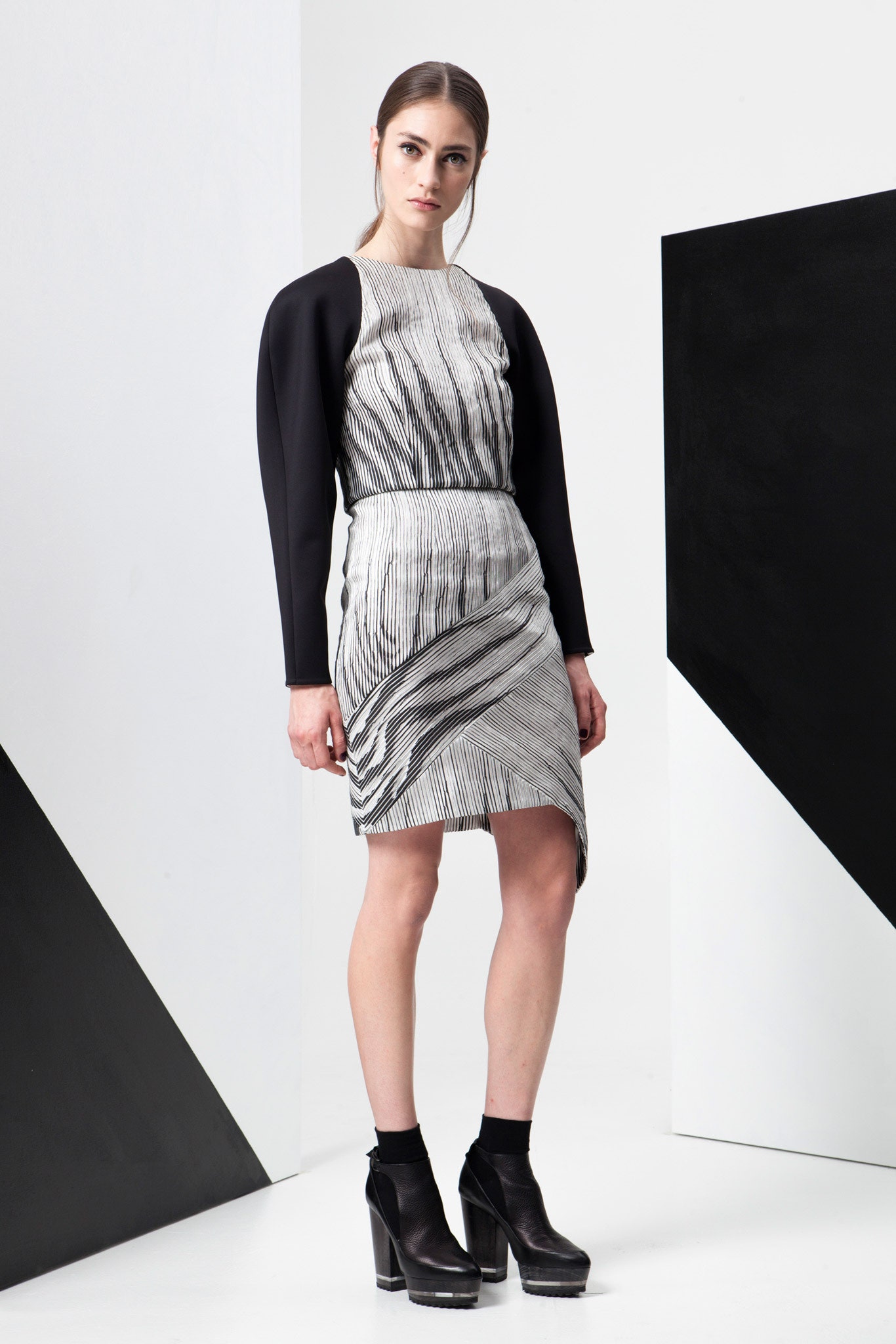 black and white pleated dress with jacket
