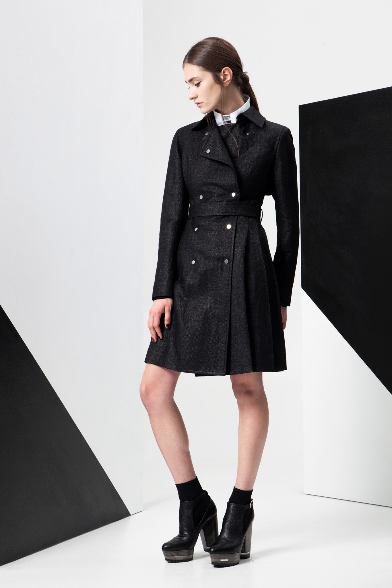 black denim long-sleeve collared fitted belted a-line coat