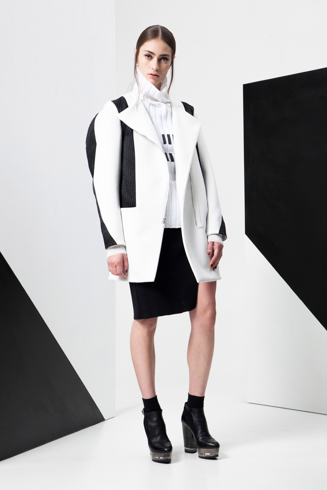 black and white fitted coat