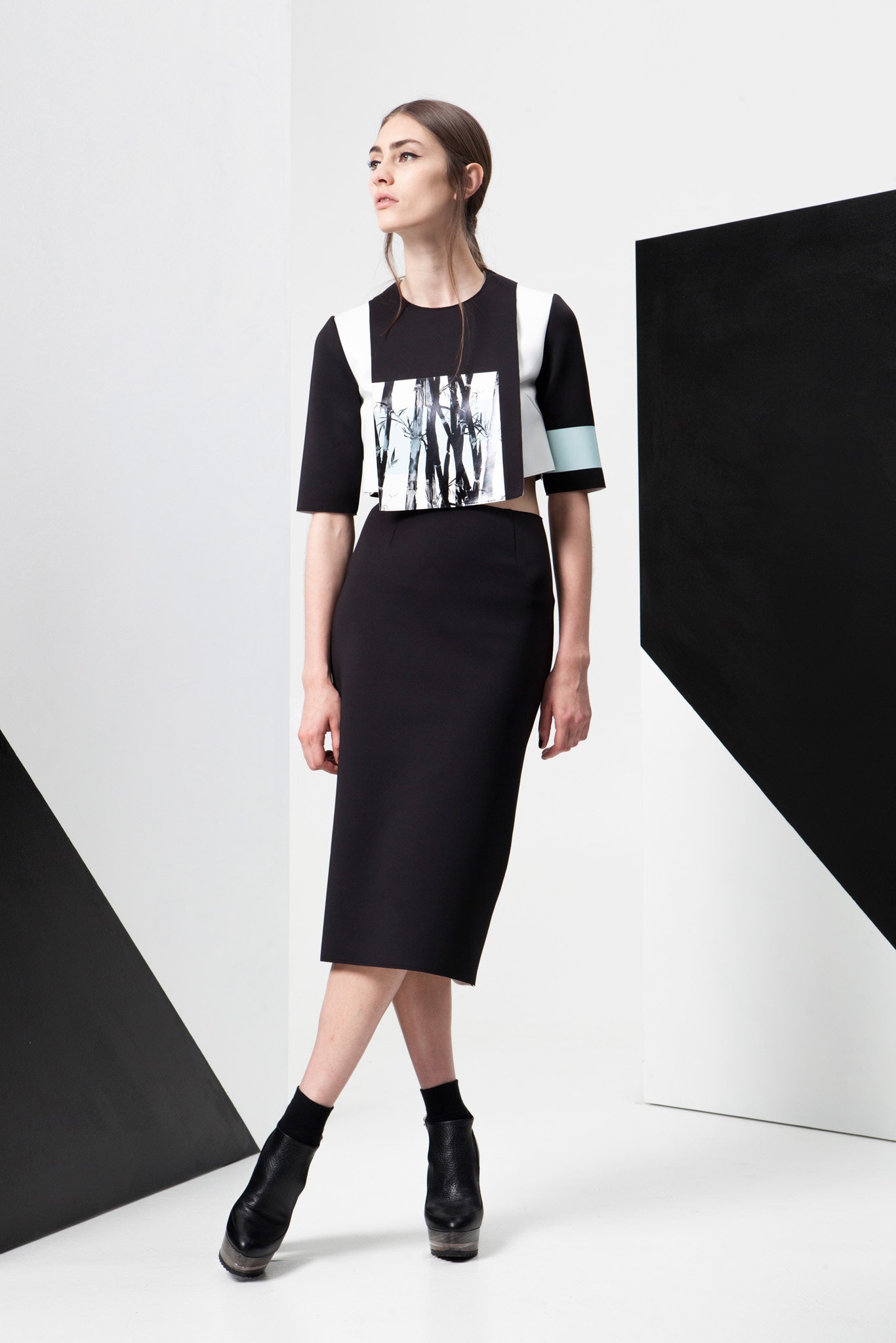 black and white color-blocked midi dress