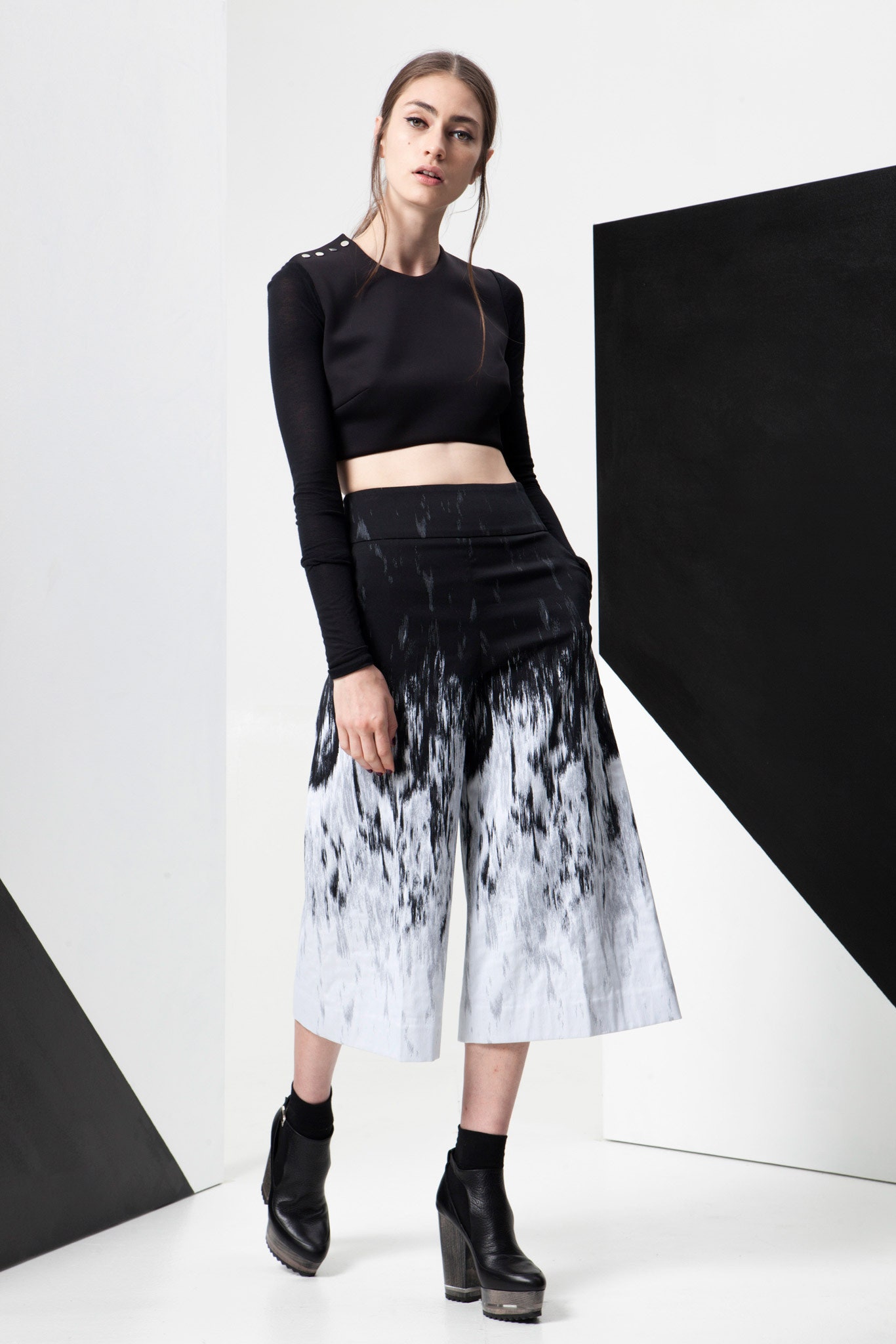 black cropped top with wide-leg pants