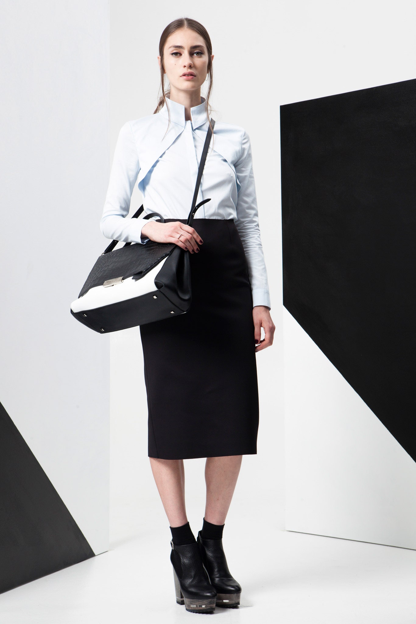 light blue fitted shirt and black pencil skirt