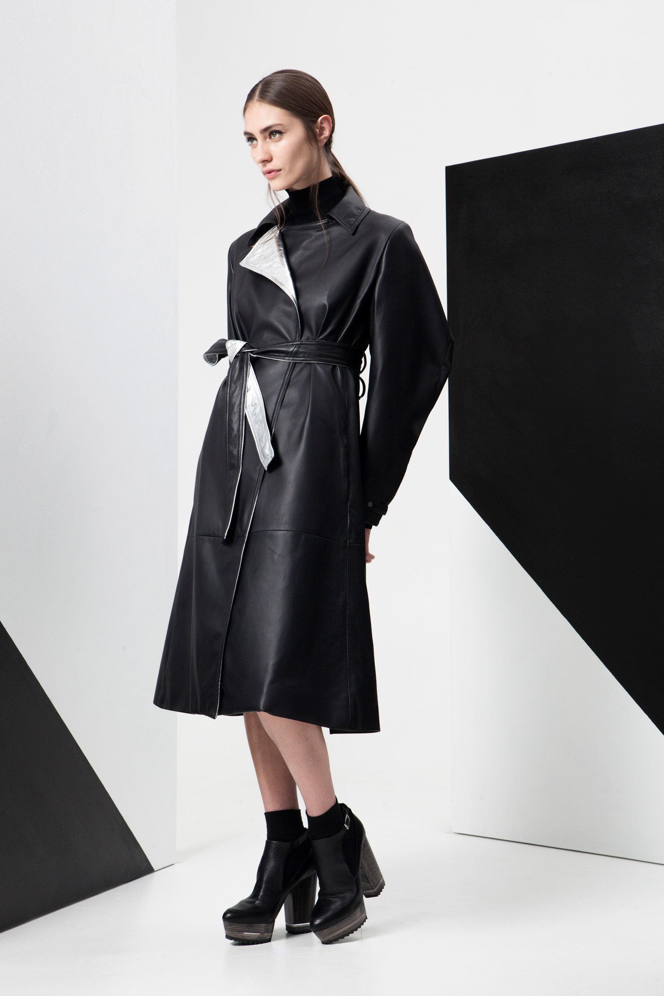 black leather belted coat