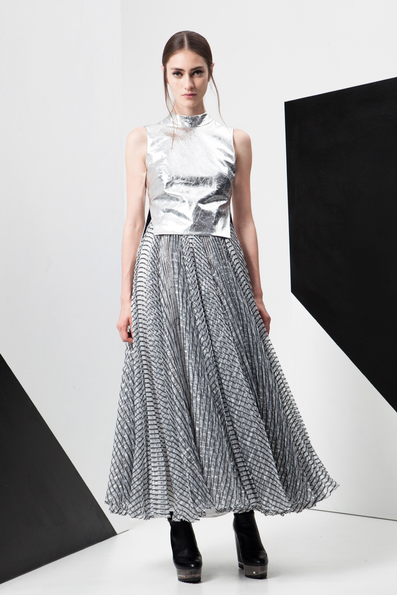 gray metallic sleeveless high-neck fitted structured shiny top