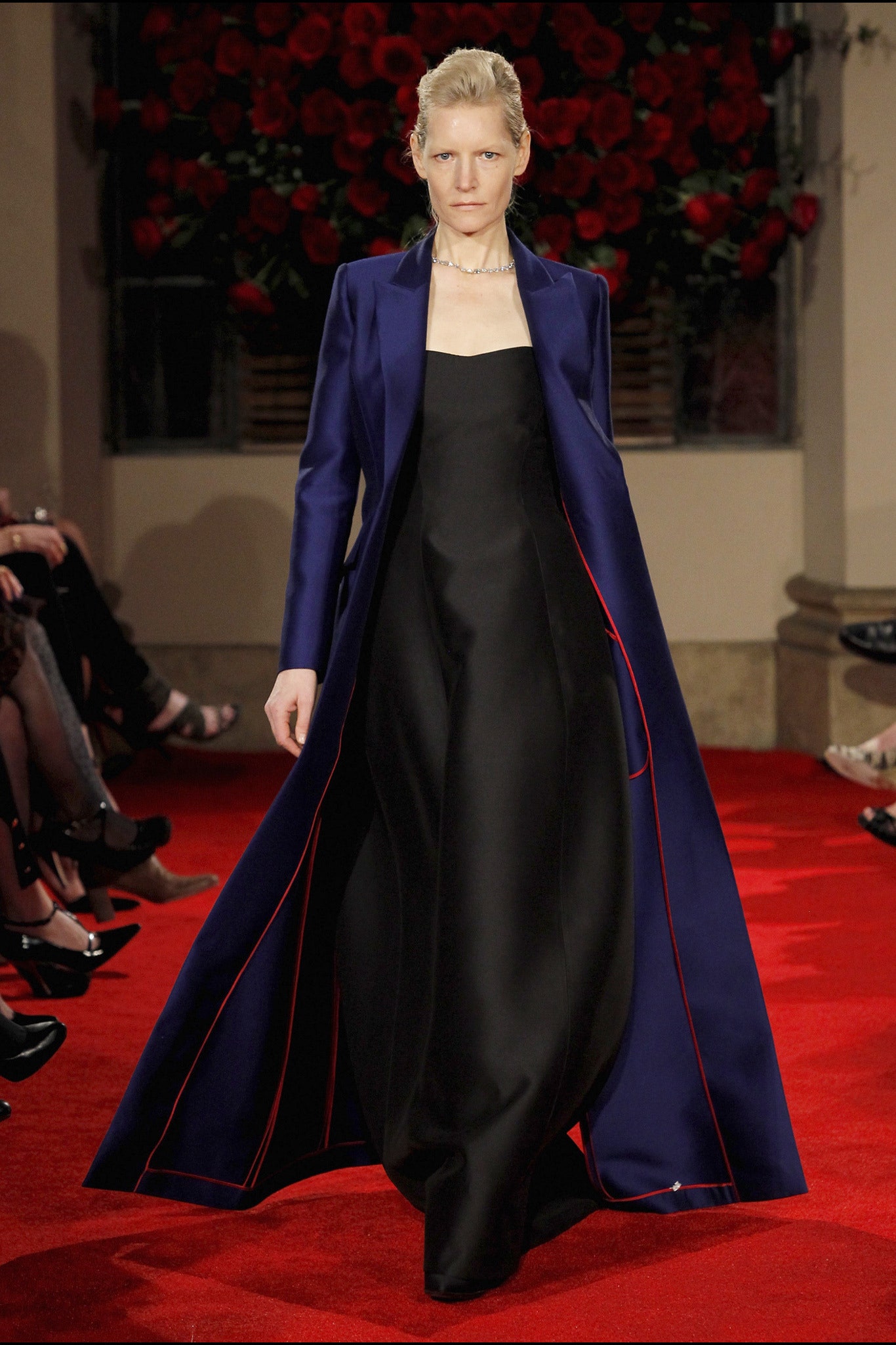blue silk long-sleeve collared structured zippered coat