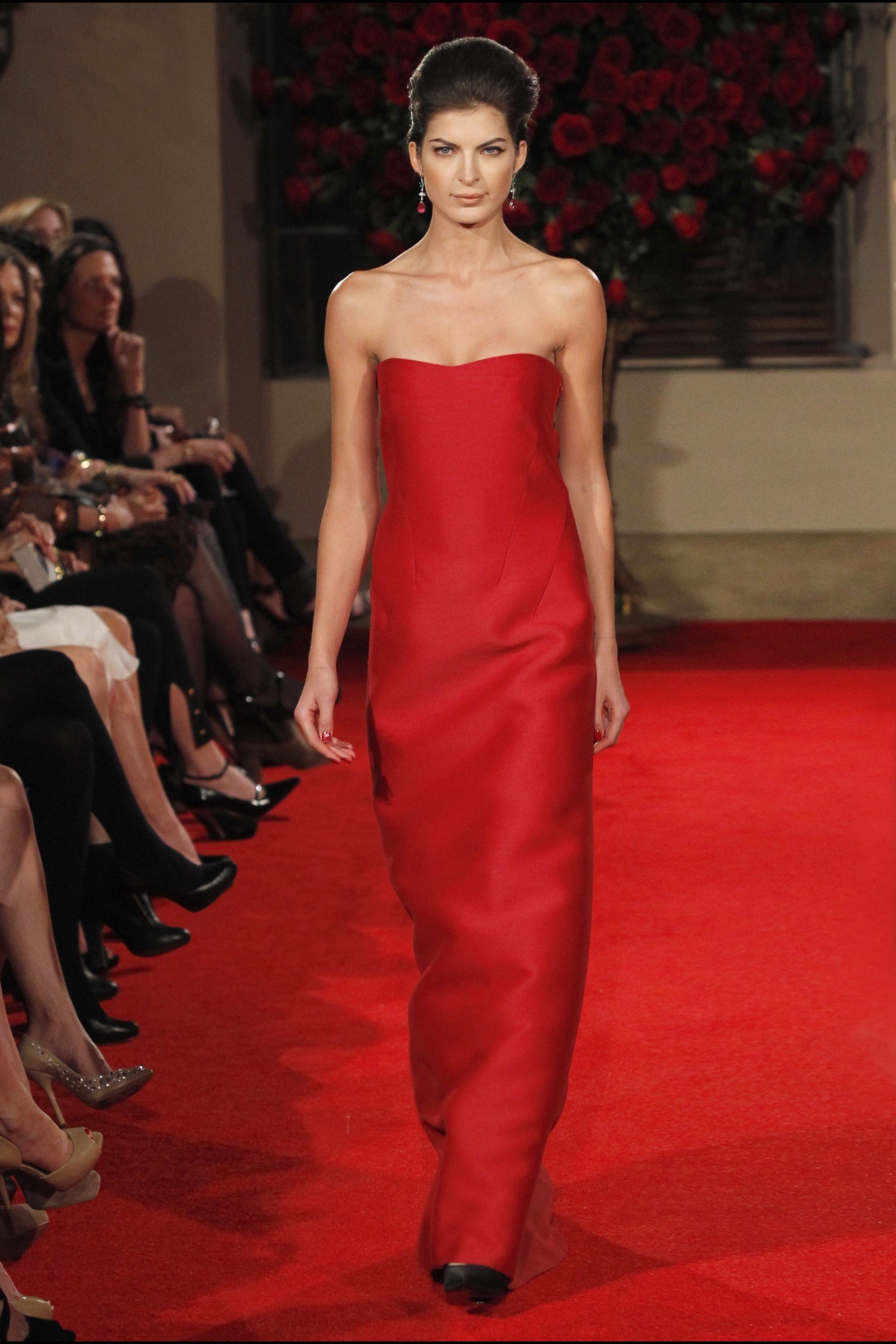 red silk strapless gown