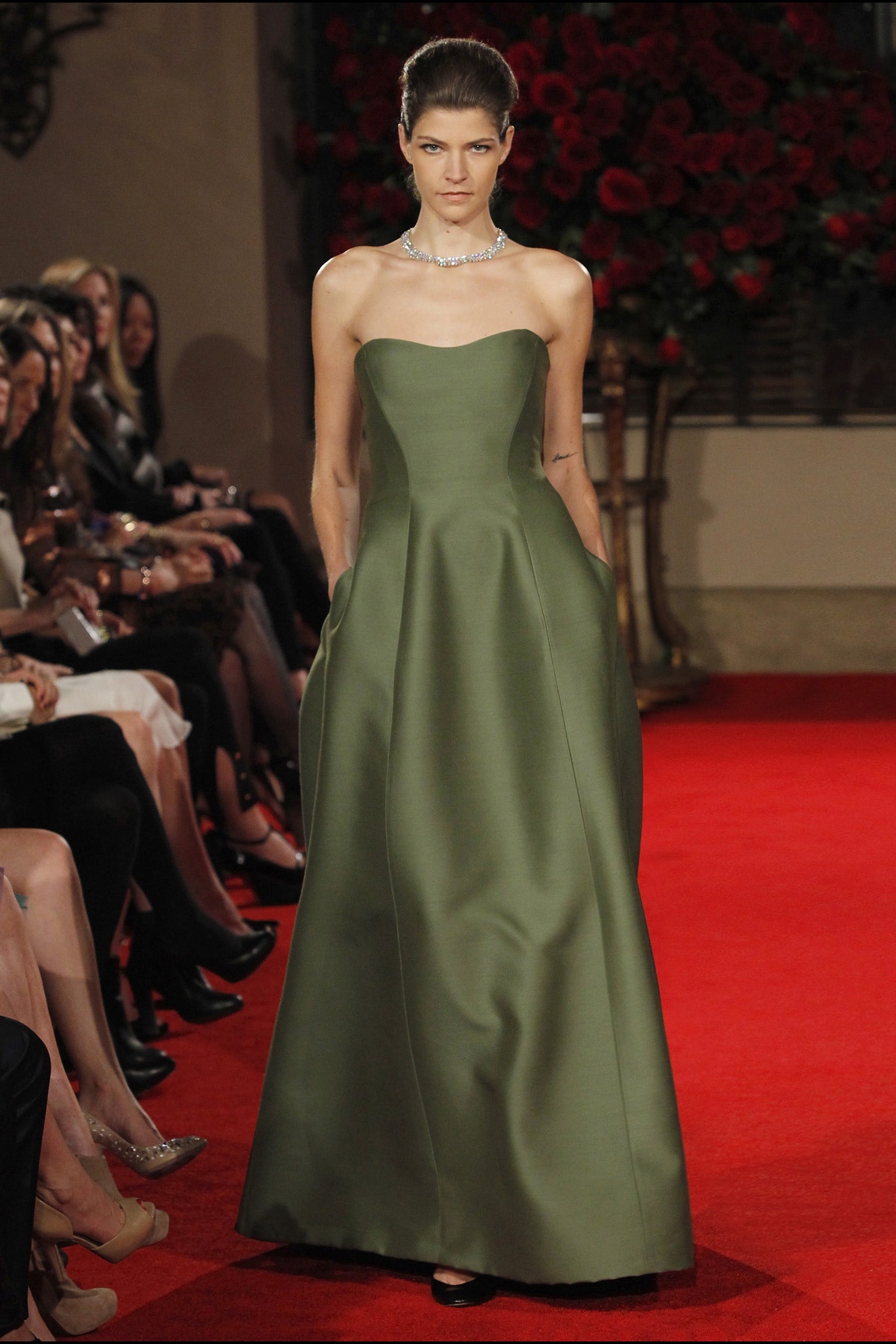 green silk strapless gown